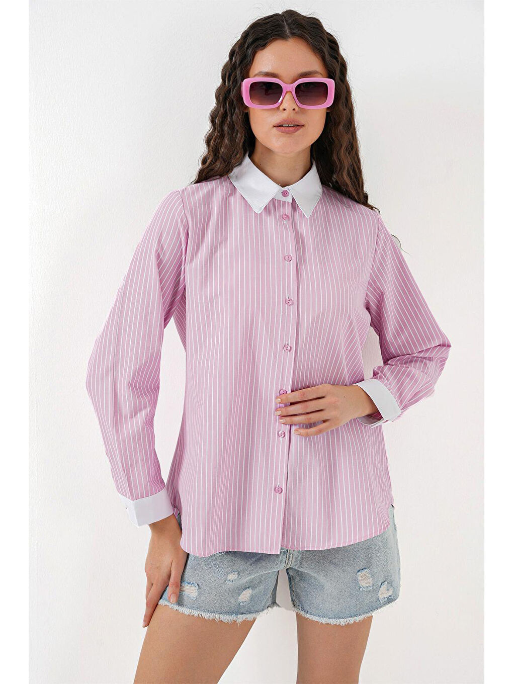 Kadın Çizgili Gömlek 20288 - Pembe-2