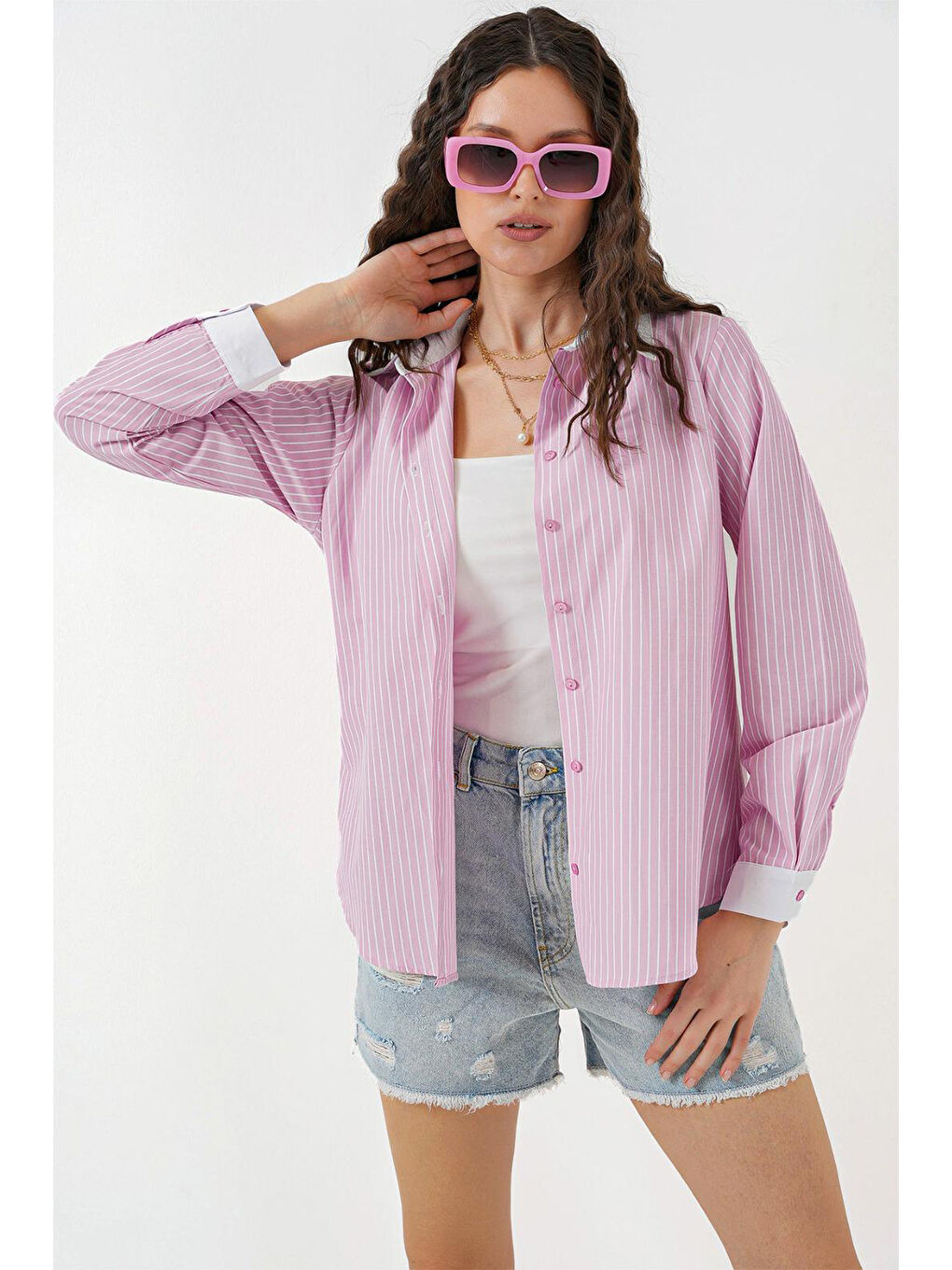 Kadın Çizgili Gömlek 20288 - Pembe-3
