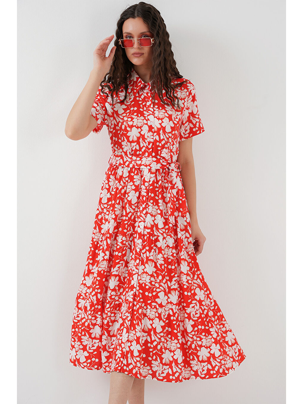 2191 Kısa Kol Desenli Elbise - A.Kırmızı-2