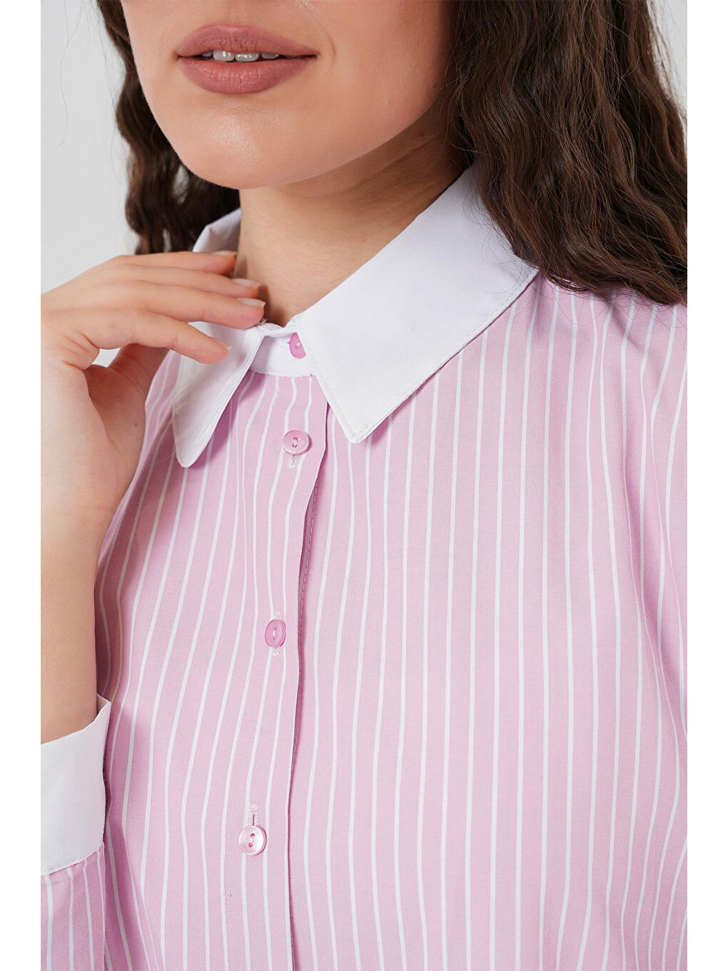 Kadın Çizgili Gömlek 20288 - Pembe-4