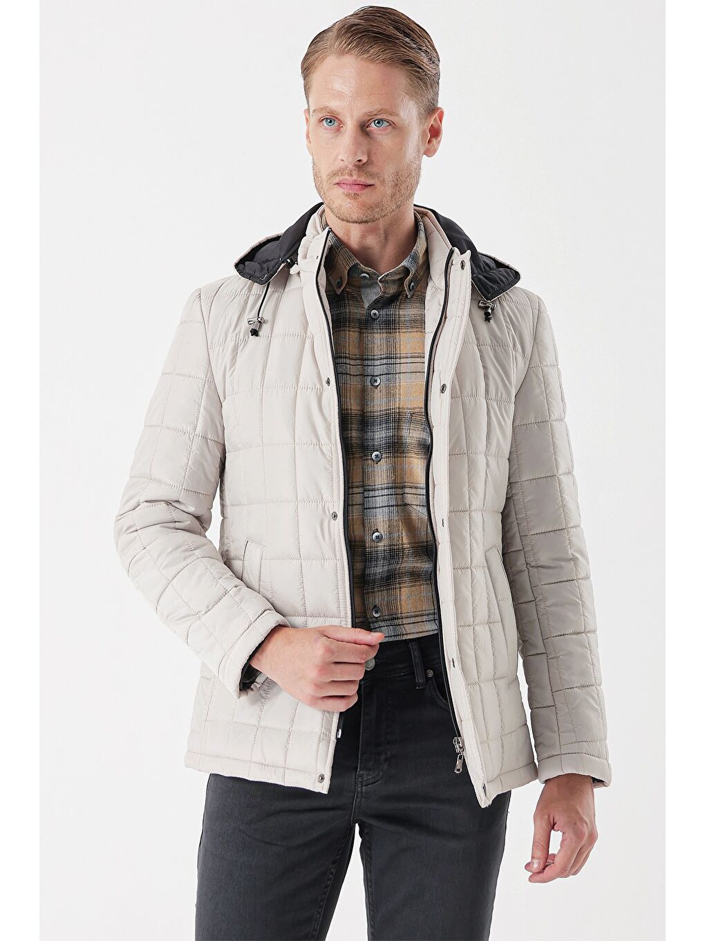 Bej Taş Rengi Kapüşonlu Astarlı Slim Fit Dar Kesim Casual Mont 1007235158