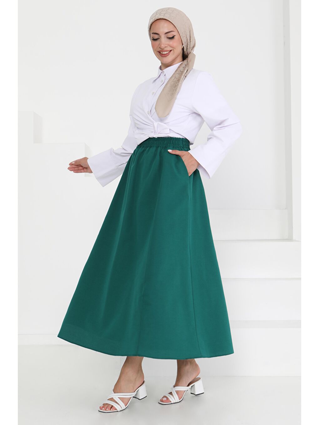 Yeşil Cepli Keten Etek Zümrüt - 27294