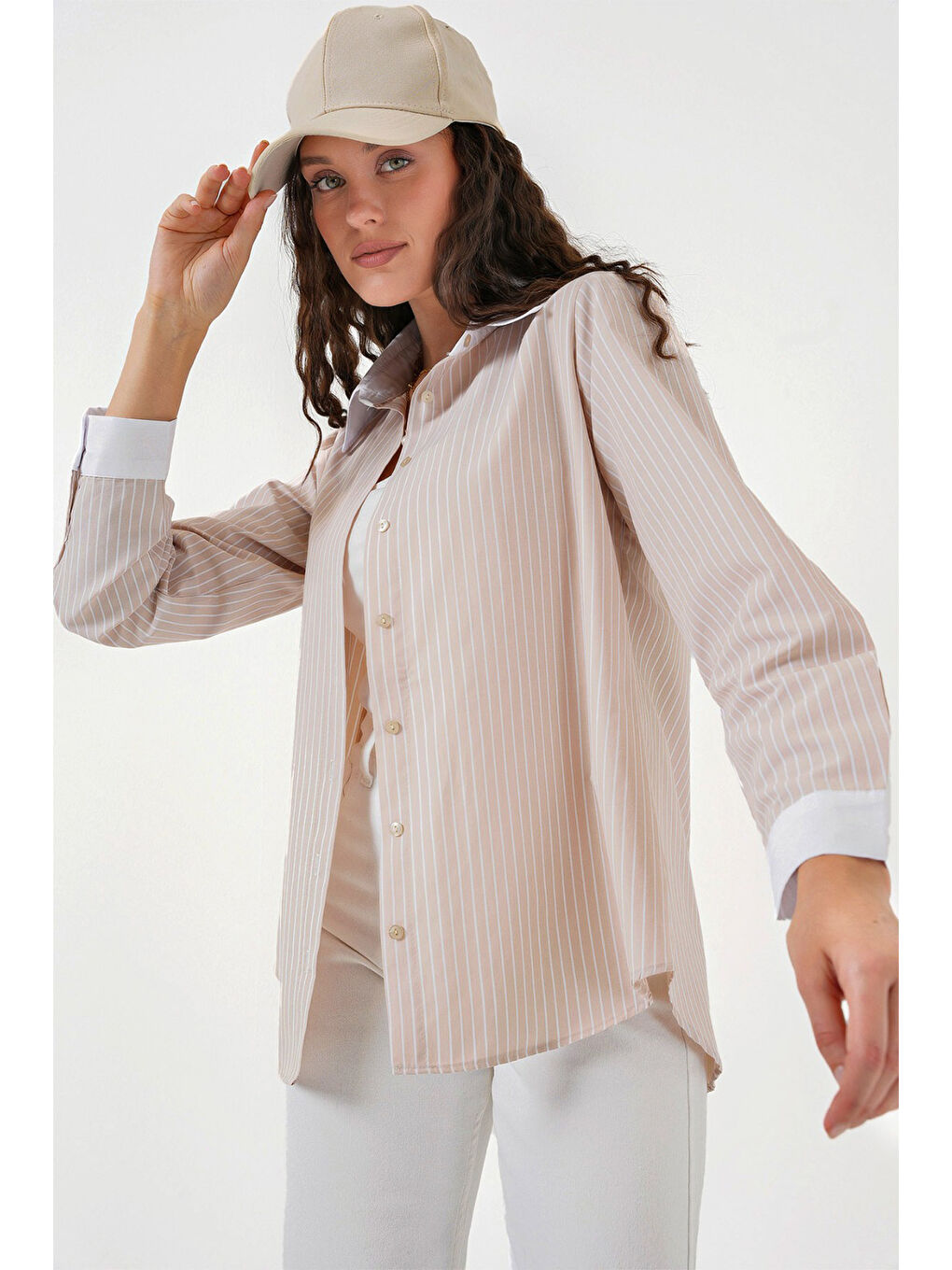 Ekru Kadın Çizgili Gömlek 20288 - Krem
