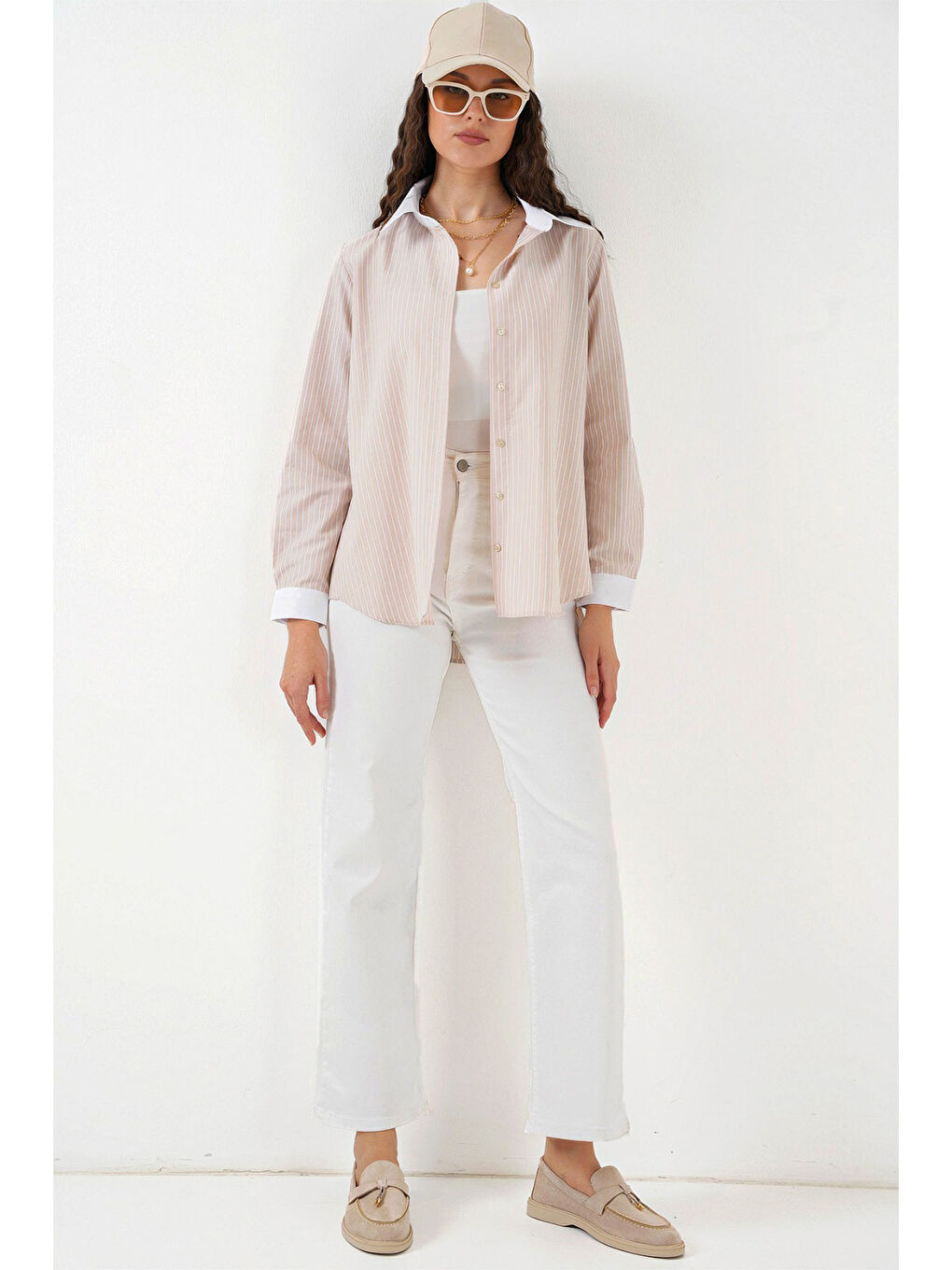 Ekru Kadın Çizgili Gömlek 20288 - Krem-1