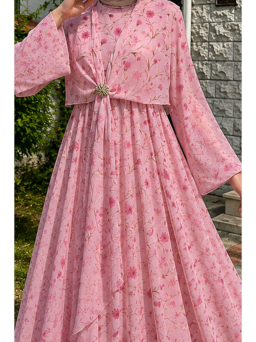 Çiçek Desenli Tokalı Şifon Elbise Tsd260256 Pembe-3