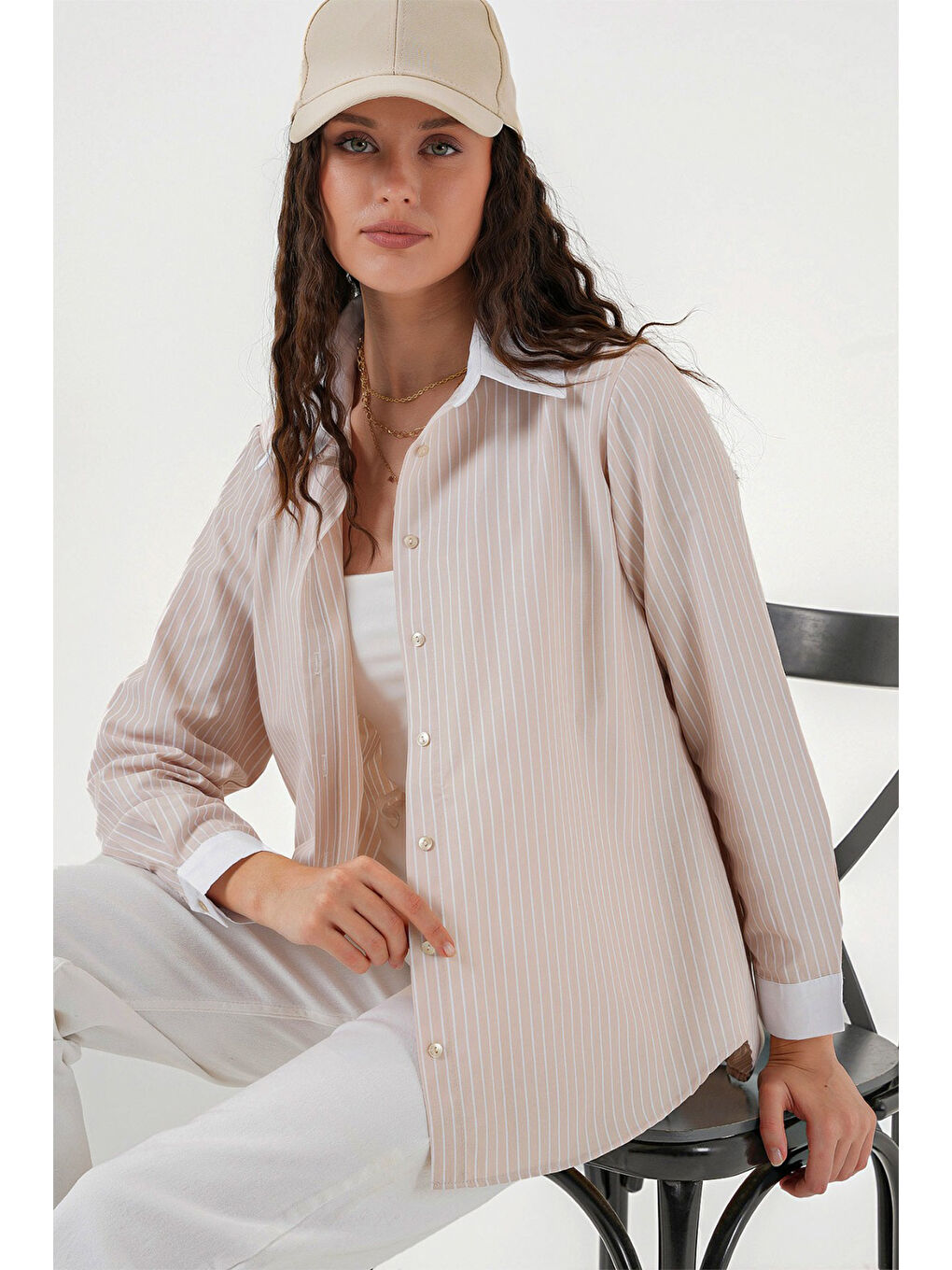 Ekru Kadın Çizgili Gömlek 20288 - Krem-2