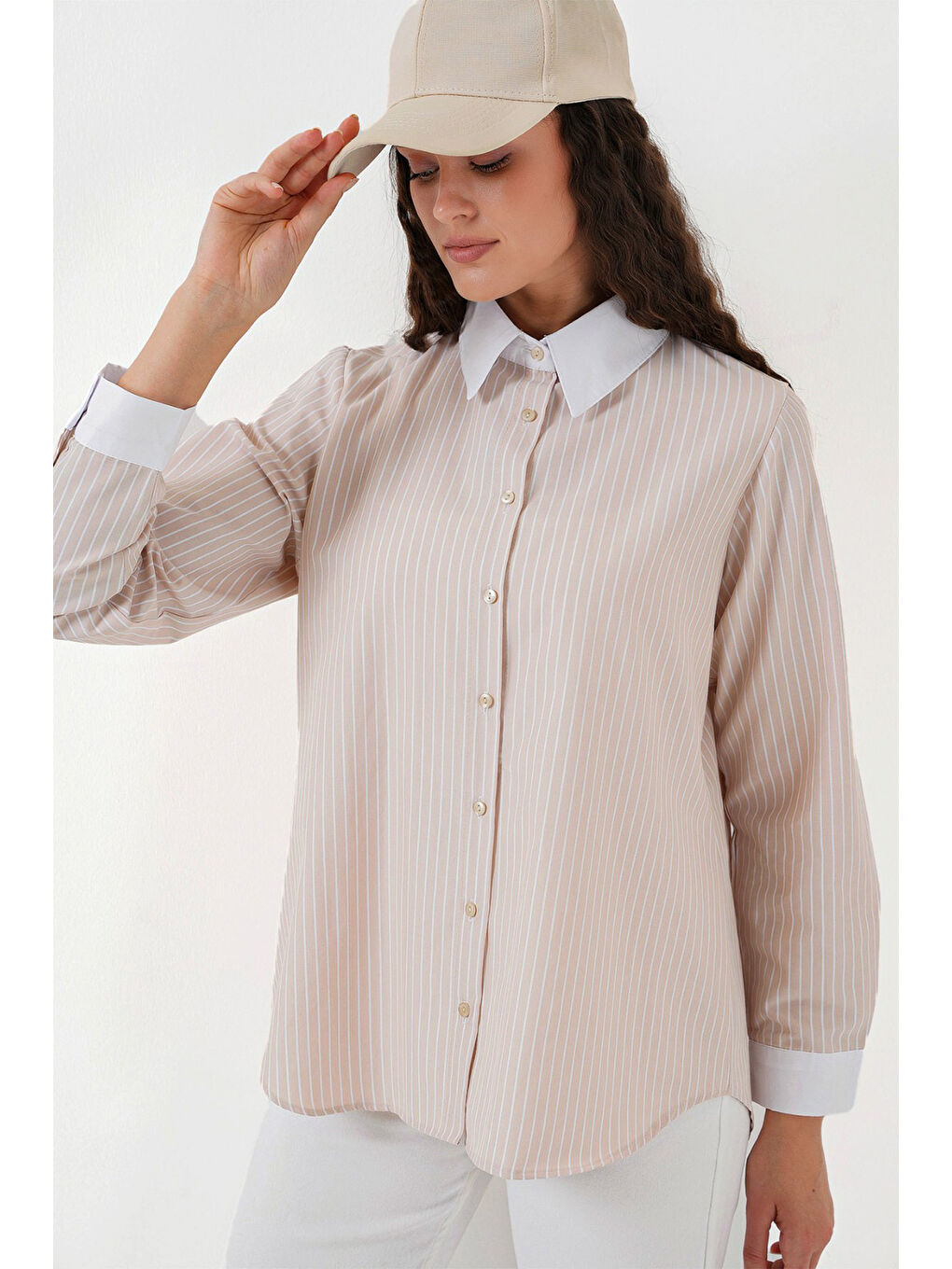Ekru Kadın Çizgili Gömlek 20288 - Krem-3