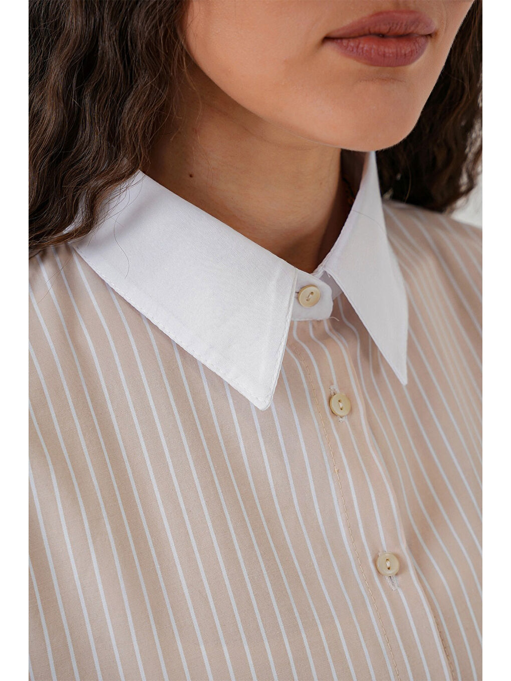 Ekru Kadın Çizgili Gömlek 20288 - Krem-4
