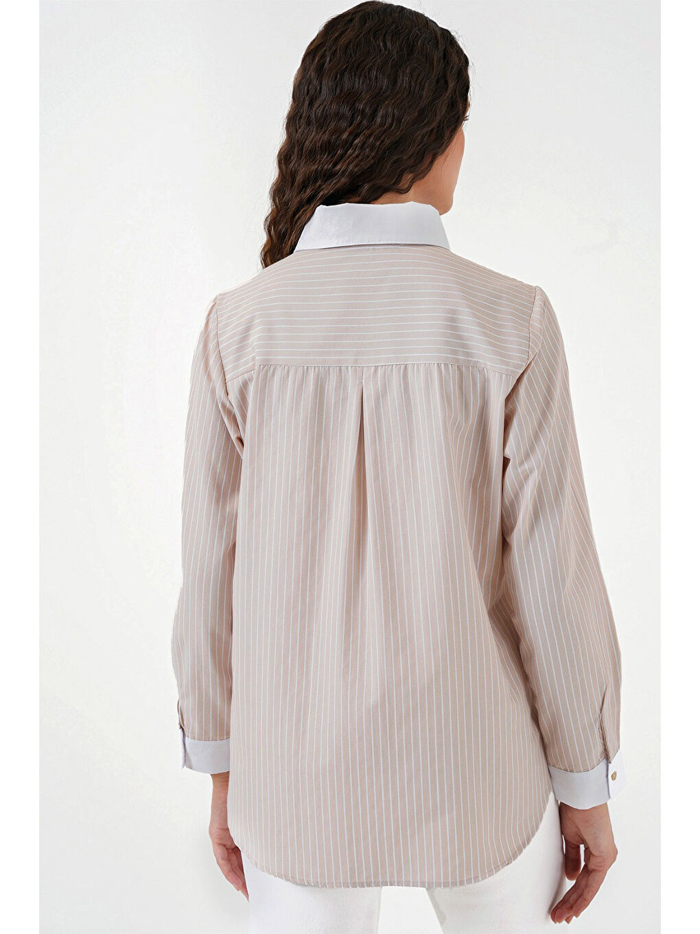 Ekru Kadın Çizgili Gömlek 20288 - Krem-5