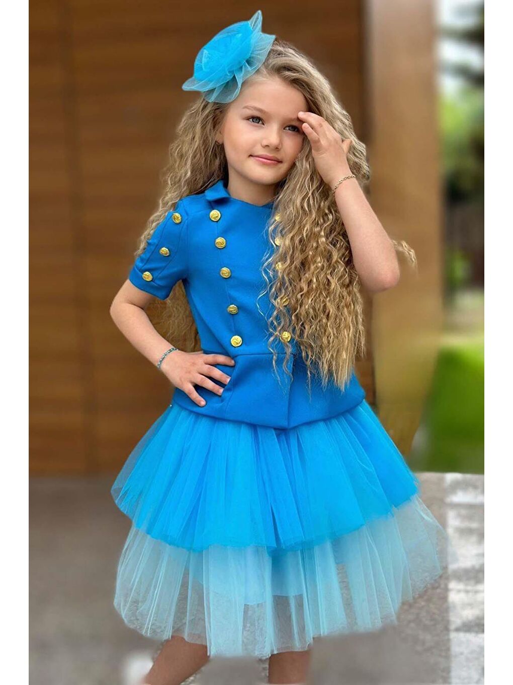 Kız Çocuk Üzeri Gold Düğme Detaylı Gömlek Çift Mavi Renkli Etekli Takım-3