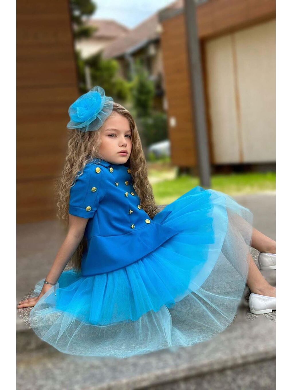 Kız Çocuk Üzeri Gold Düğme Detaylı Gömlek Çift Mavi Renkli Etekli Takım-2