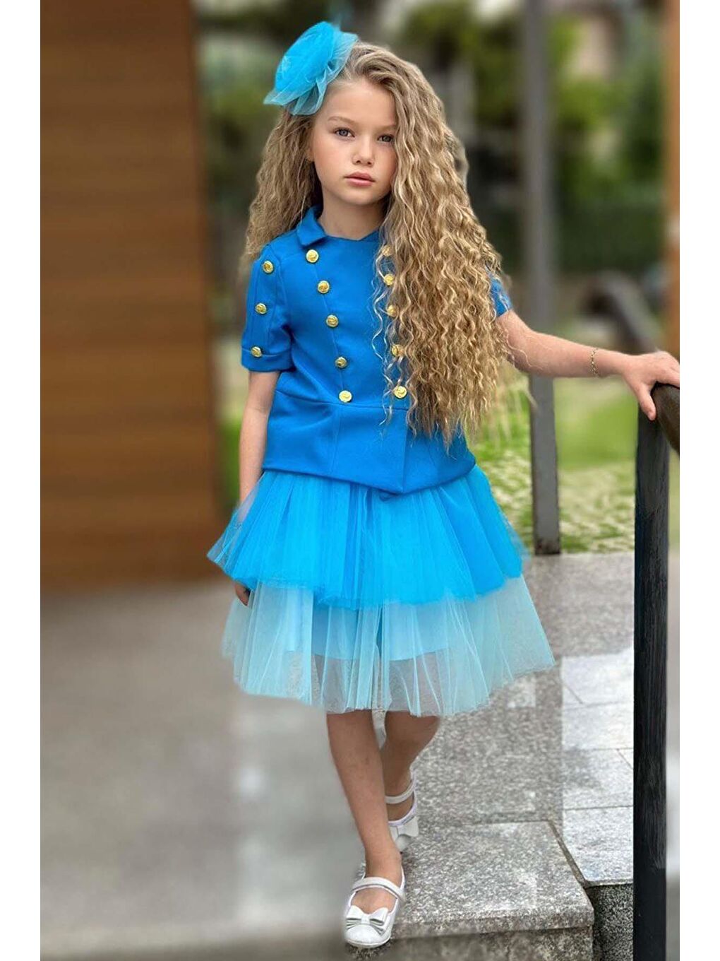 Kız Çocuk Üzeri Gold Düğme Detaylı Gömlek Çift Mavi Renkli Etekli Takım-1
