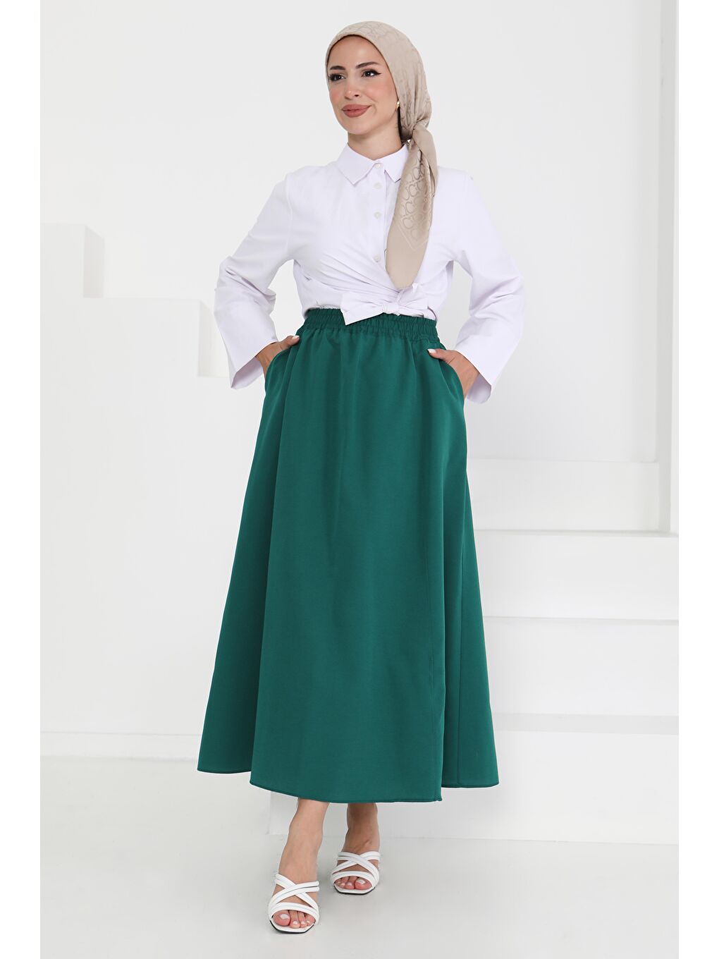 Yeşil Cepli Keten Etek Zümrüt - 27294-1