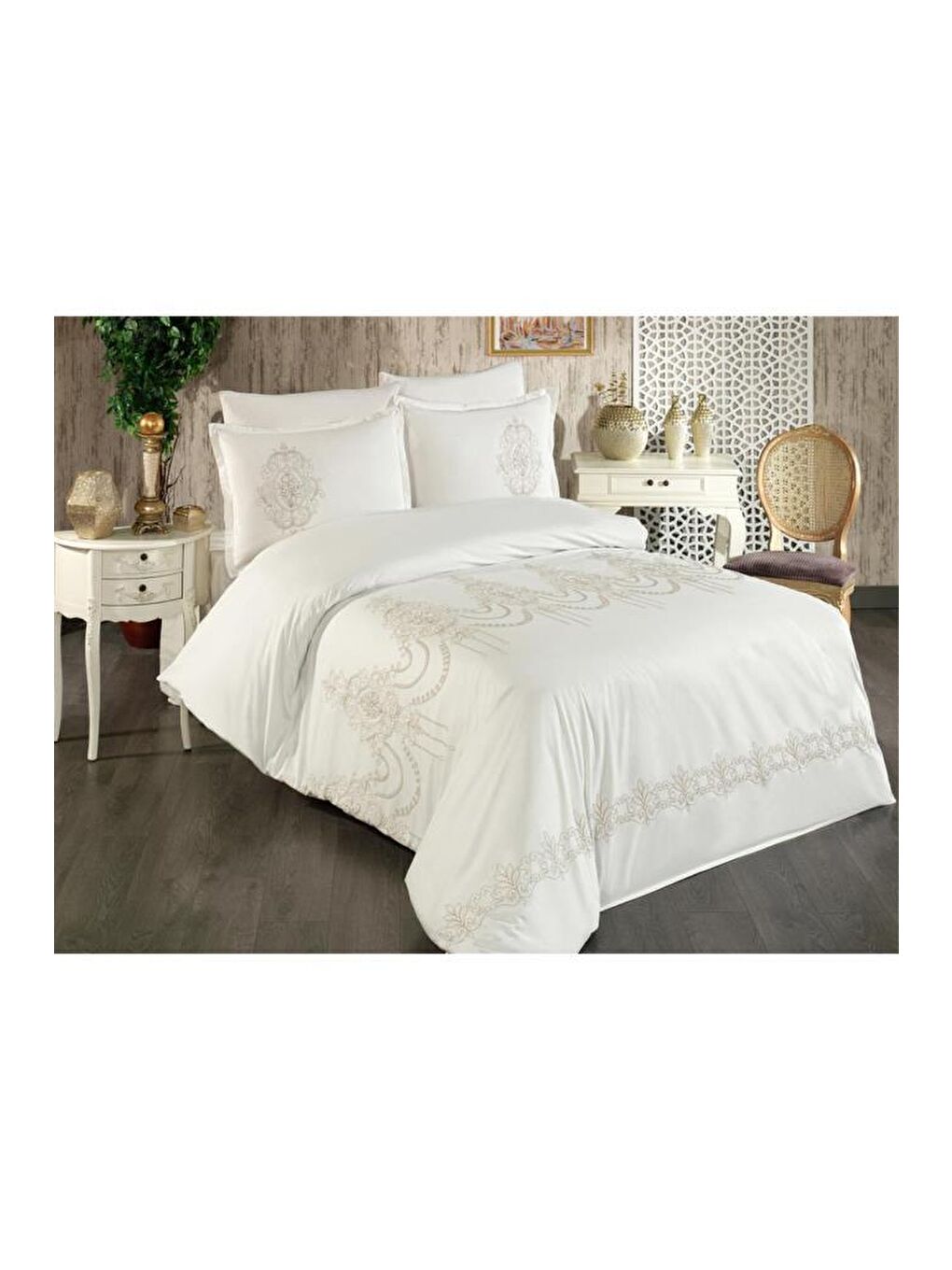 Kahverengi Calina Nakışlı %100 Pamuk Çift Kişilik Nevresim Takımı Cappucino-1