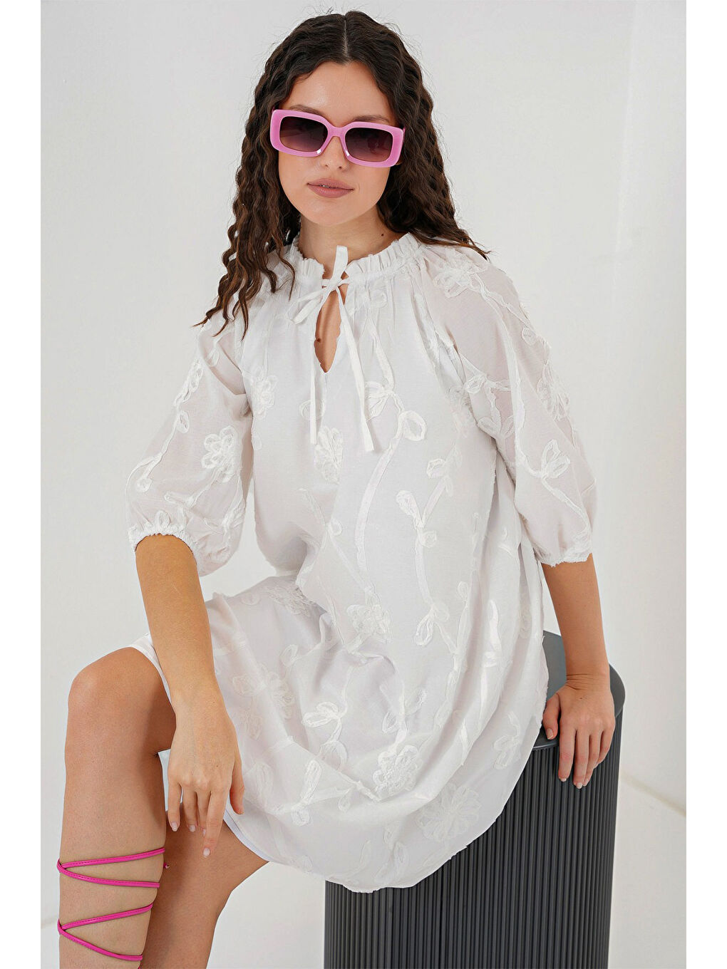 Kadın Desenli Kısa Elbise 2528 - Beyaz-2