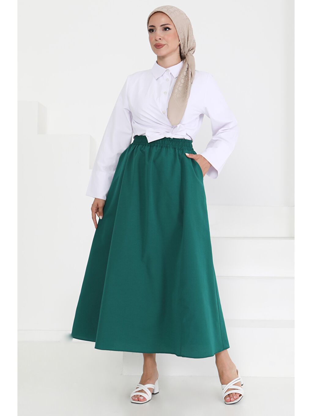 Yeşil Cepli Keten Etek Zümrüt - 27294-2