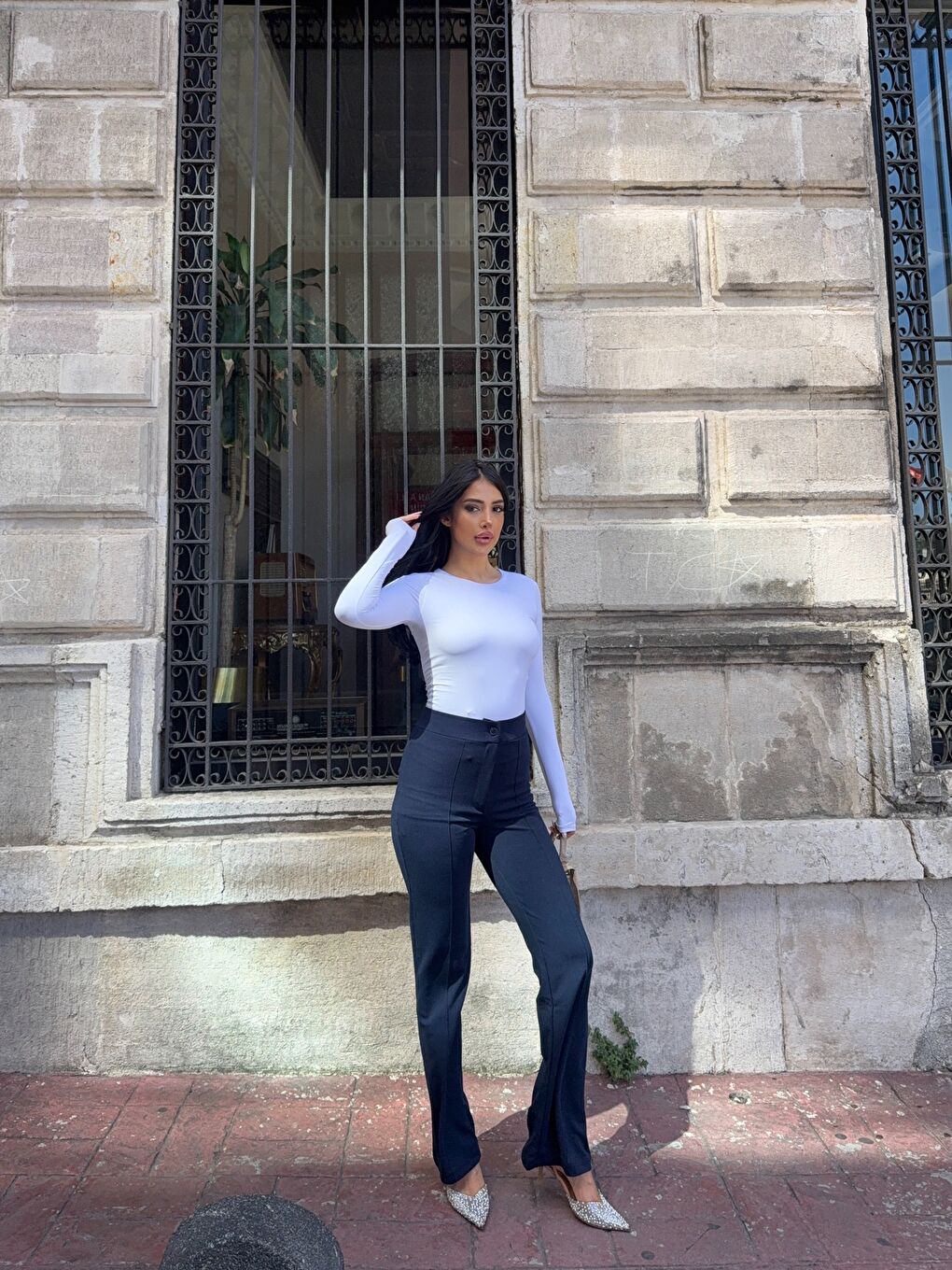 Lacivert Yüksek Bel Çimalı Palazzo Pantolon-1