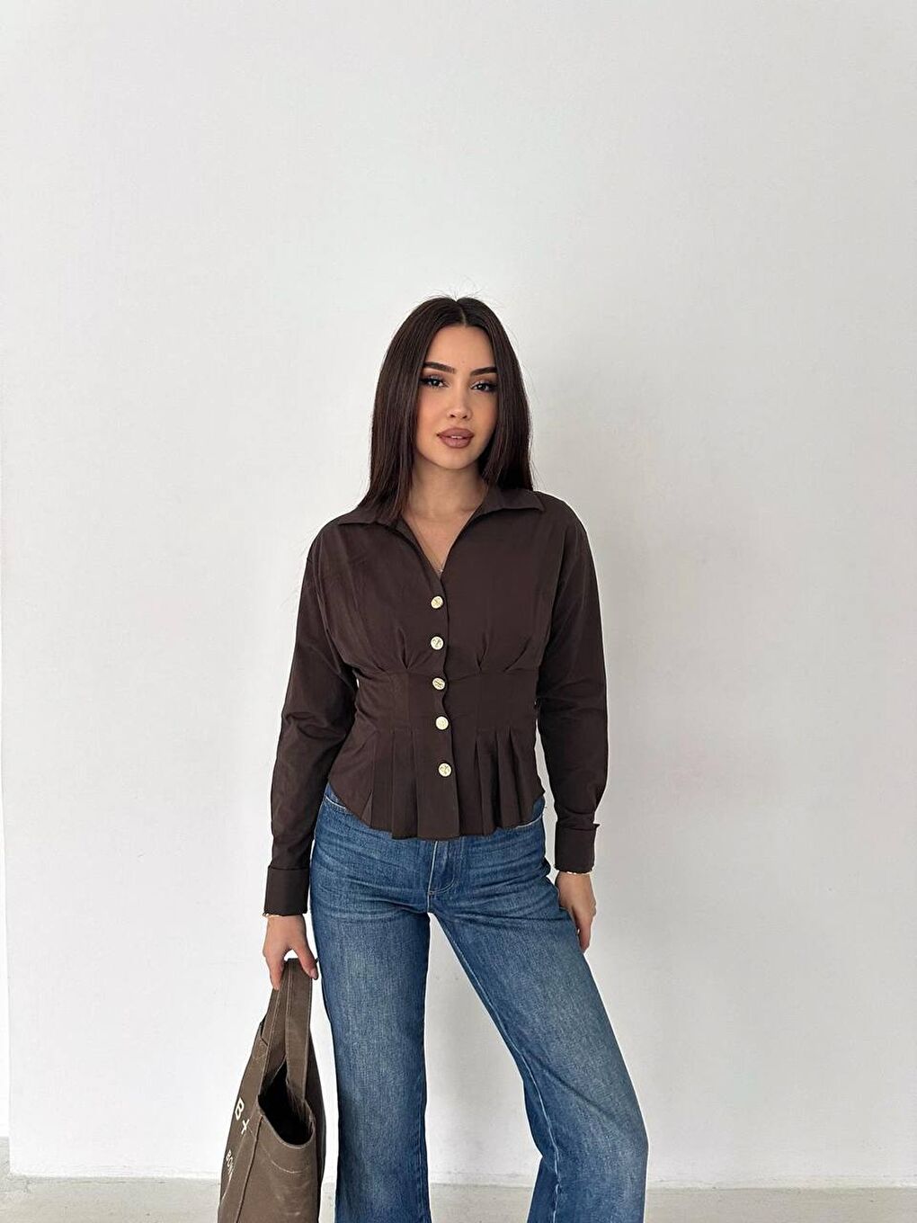 Kahverengi Kadın Korse Detaylı Gold Düğmeli Kahve Gömlek-1