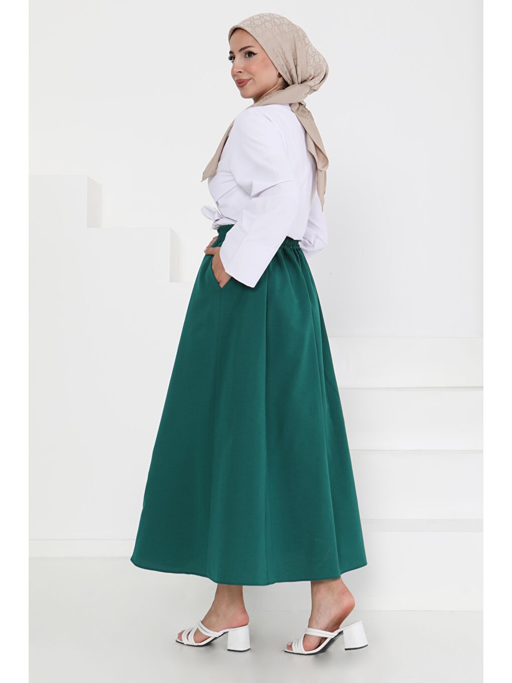 Yeşil Cepli Keten Etek Zümrüt - 27294-3