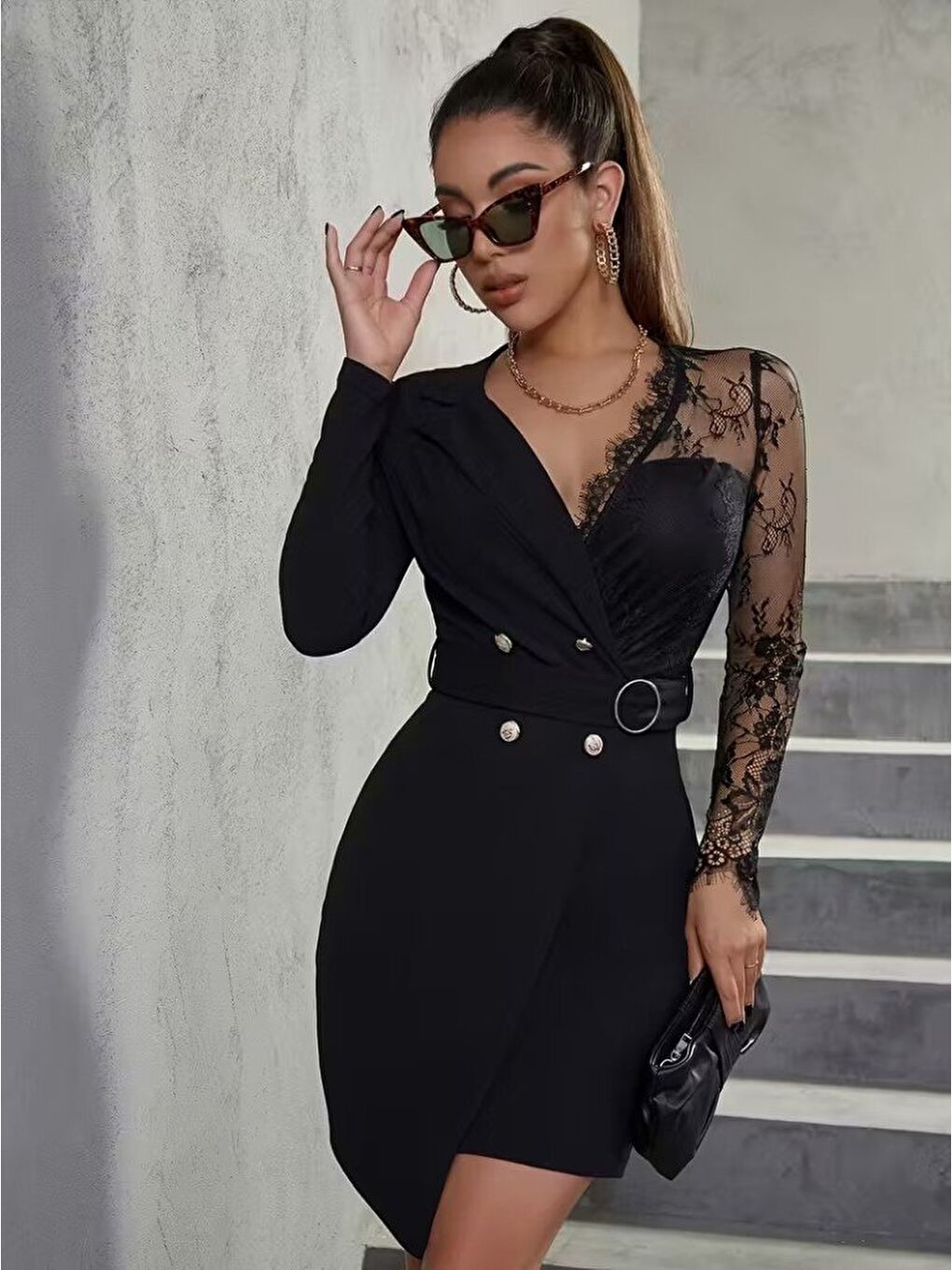 Siyah Kadın Uzun Kollu Kruvaze Yakalı önden Düğmeli Kısa Ithal Krep Elbise-1