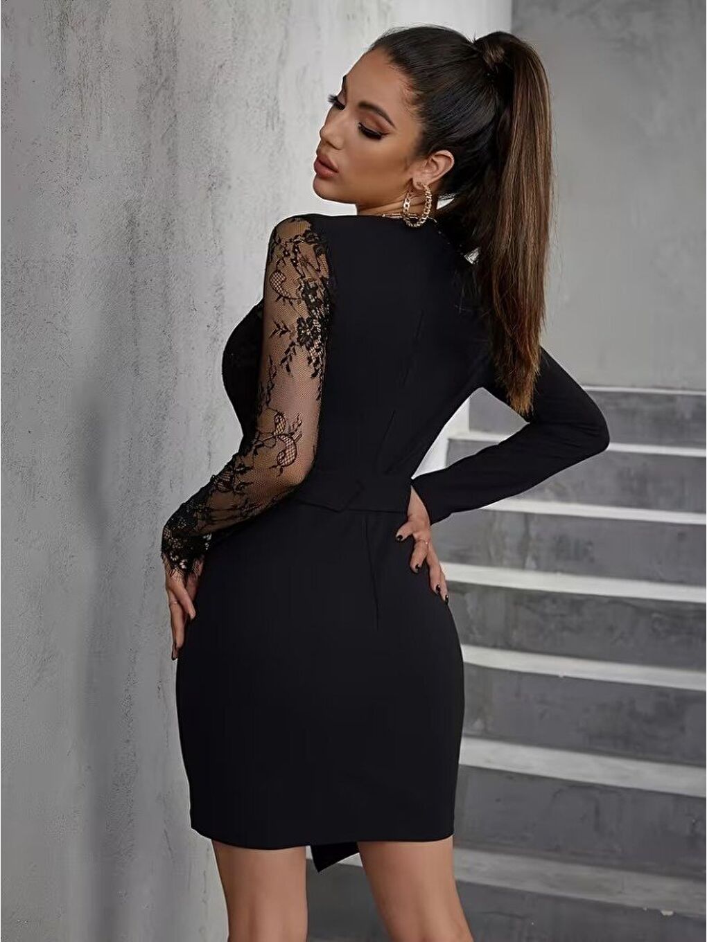 Siyah Kadın Uzun Kollu Kruvaze Yakalı önden Düğmeli Kısa Ithal Krep Elbise-2