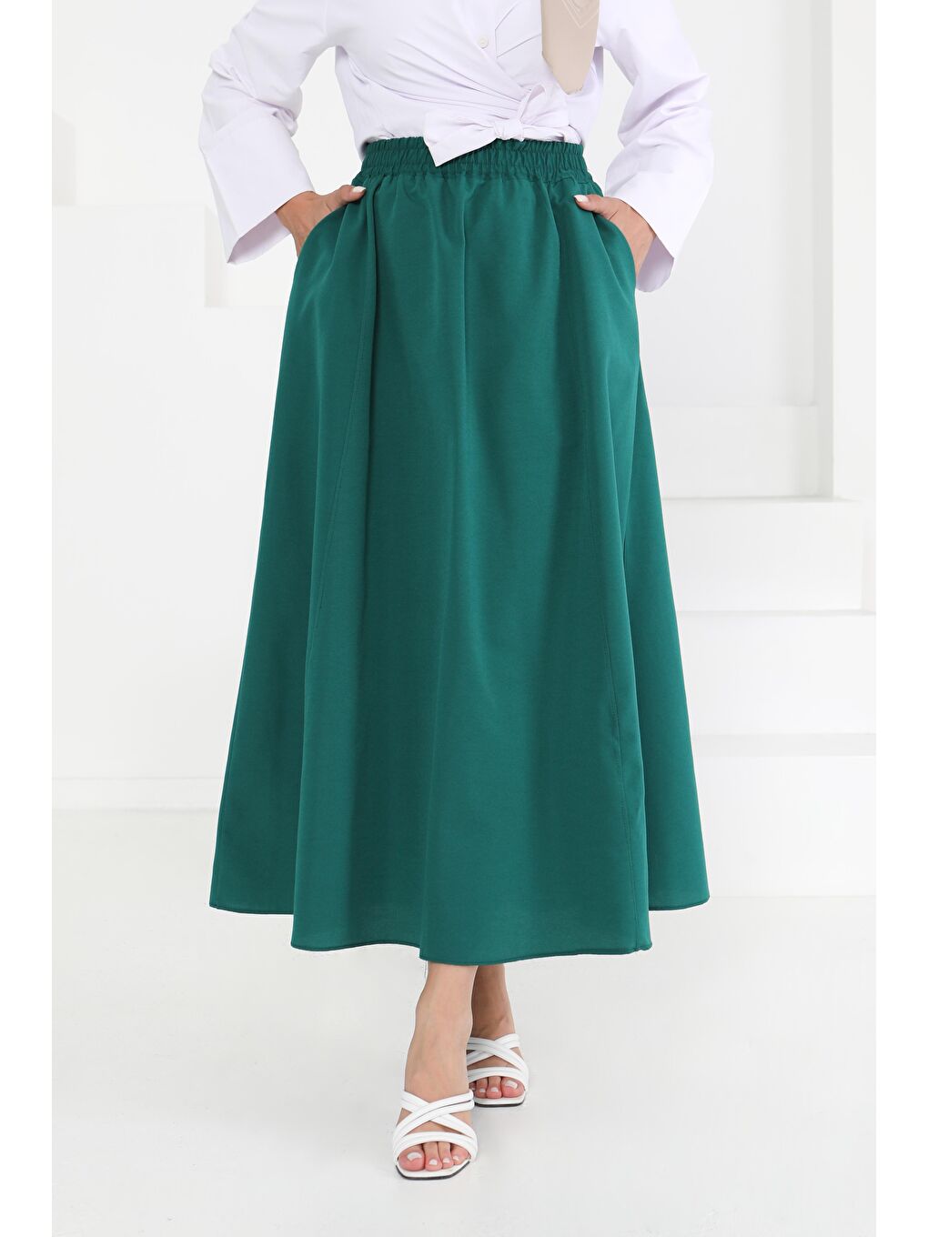 Yeşil Cepli Keten Etek Zümrüt - 27294-4