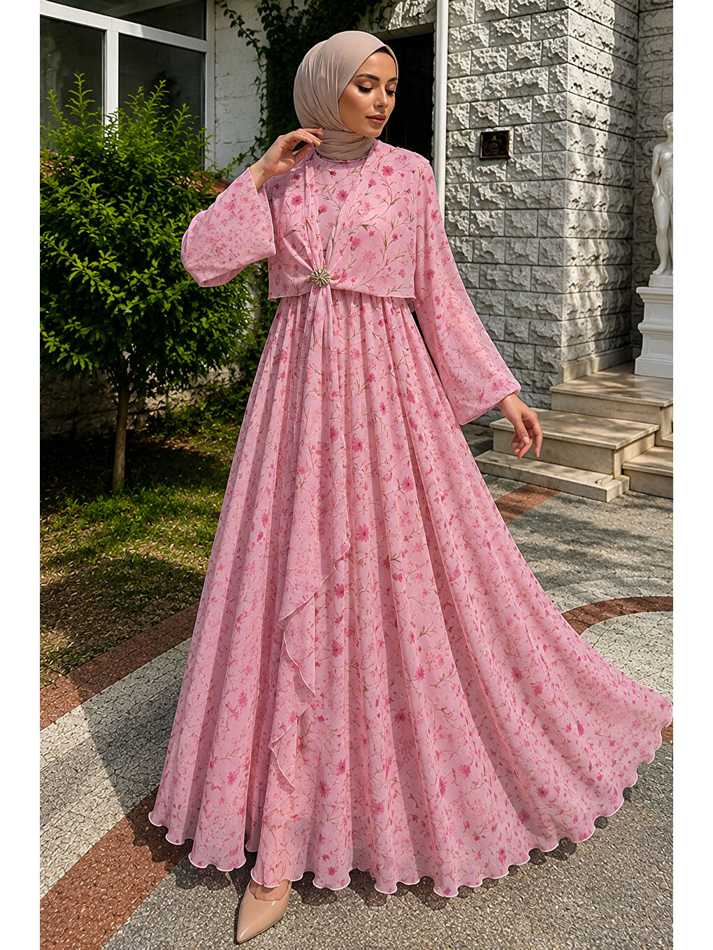 Çiçek Desenli Tokalı Şifon Elbise Tsd260256 Pembe-4