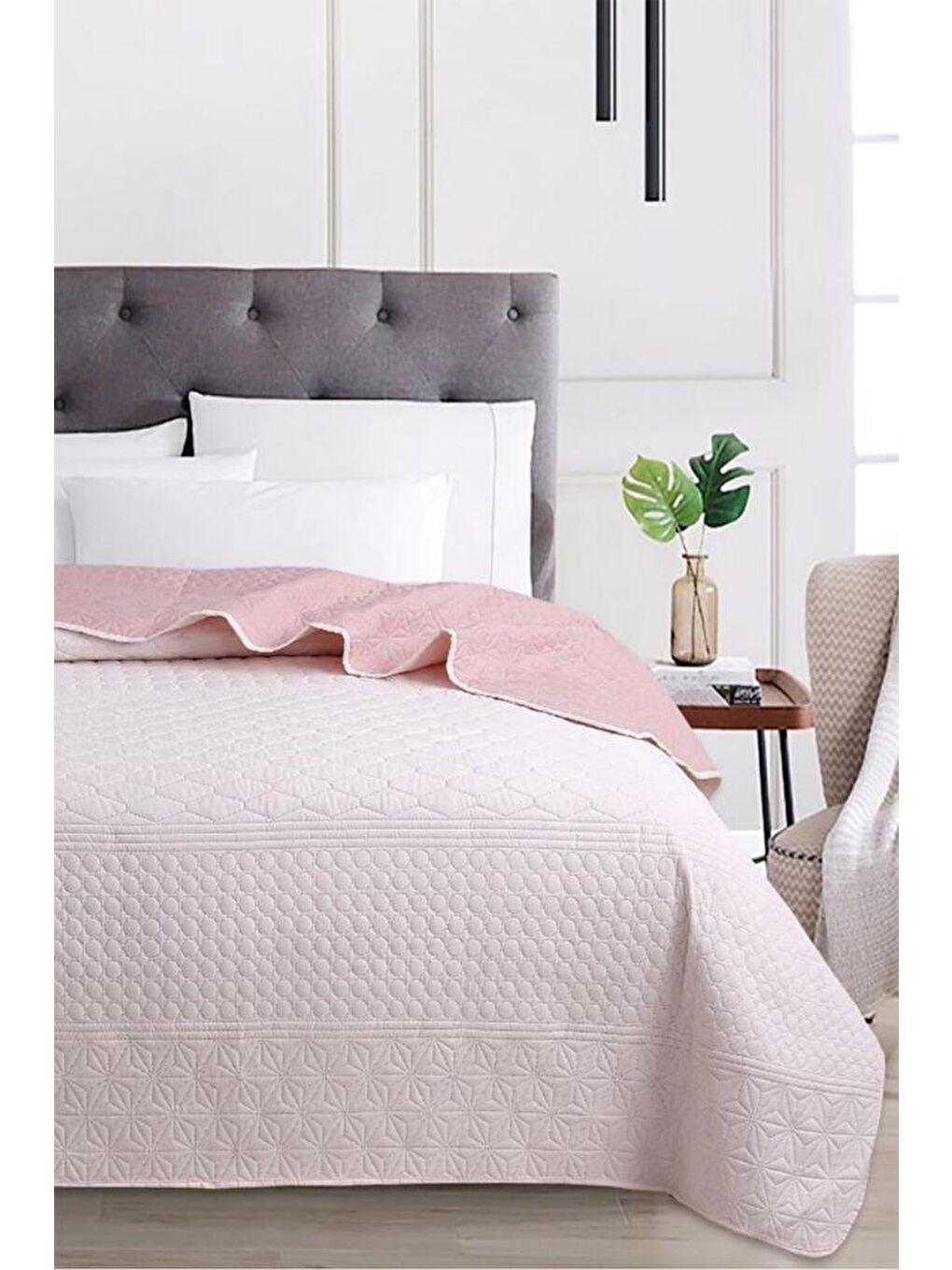 Ultrasonik Kapitoneli Doremi Çift Taraflı Çift Kişilik Yatak Örtüsü Pembe-1
