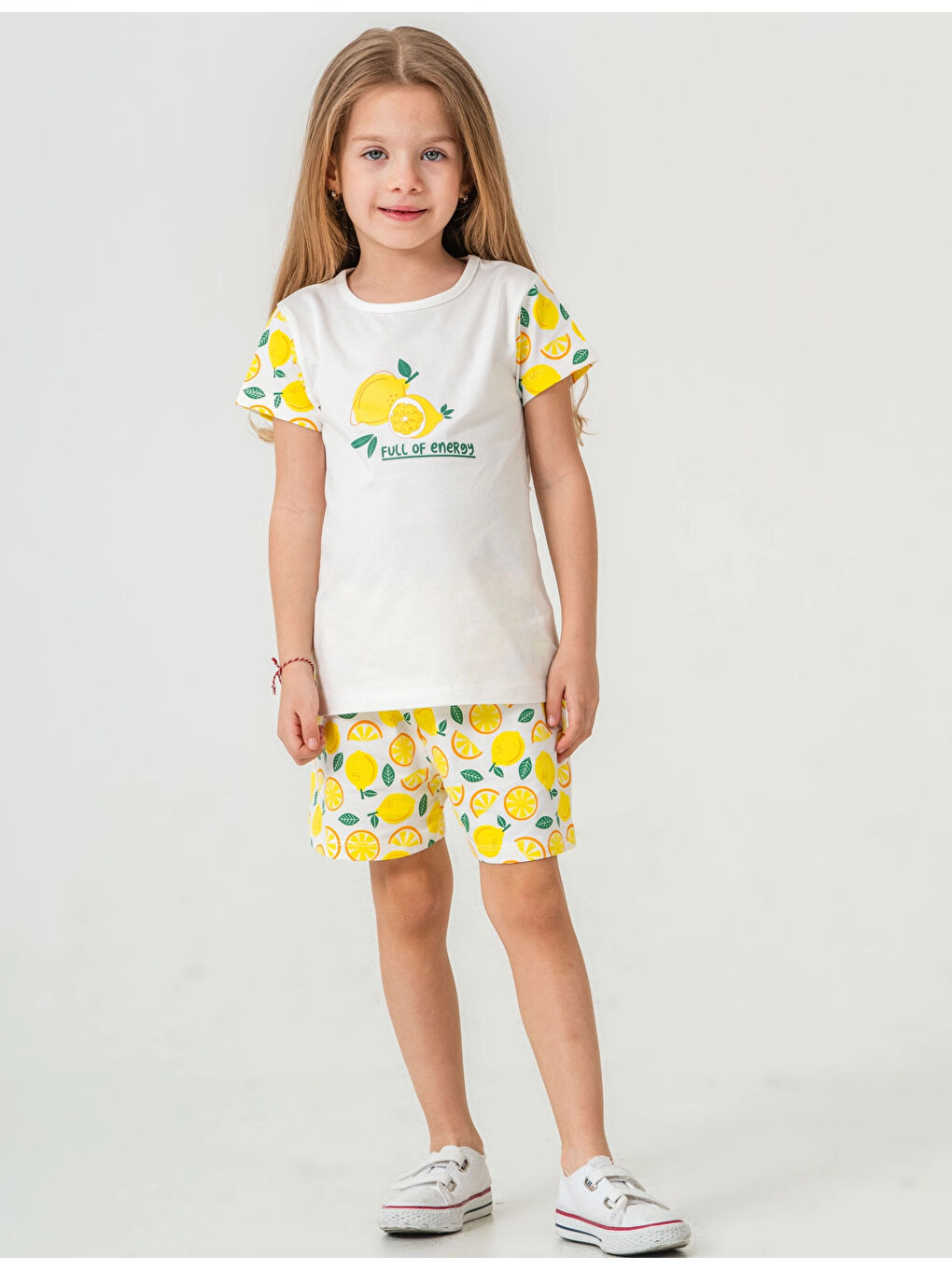 Ekru Limon Baskılı Kız Çocuk Şortlu Takım 50359