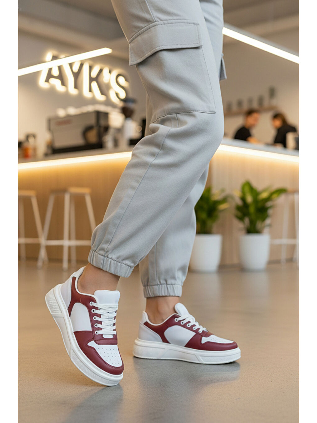 Beyaz Bordo Bağcıklı Cilt Hafif Unisex Sneaker Aper 049 G-2