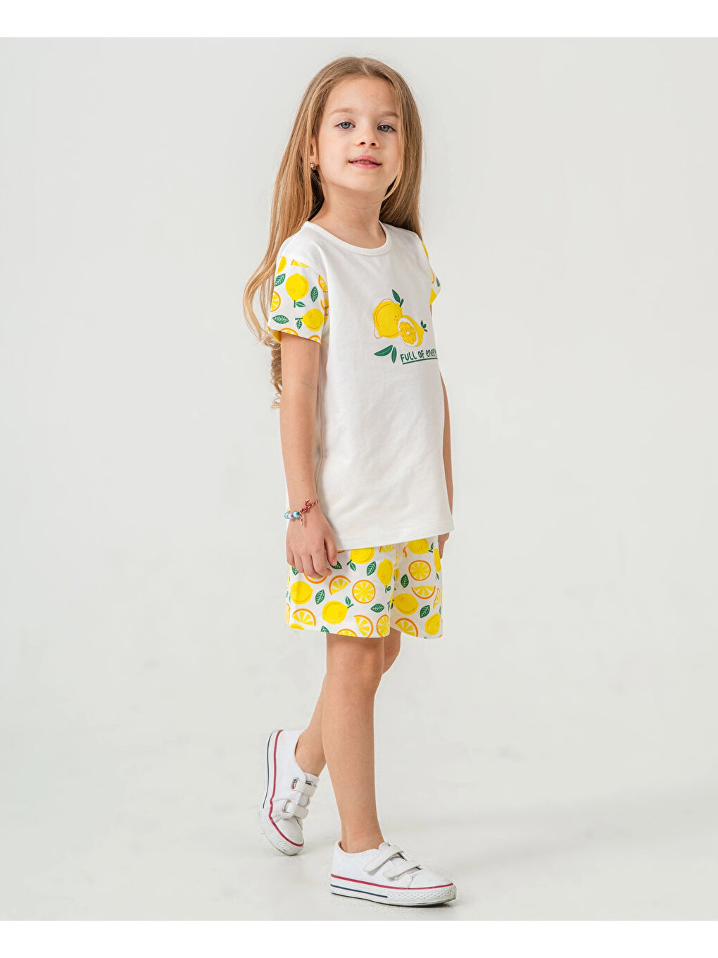 Ekru Limon Baskılı Kız Çocuk Şortlu Takım 50359-1