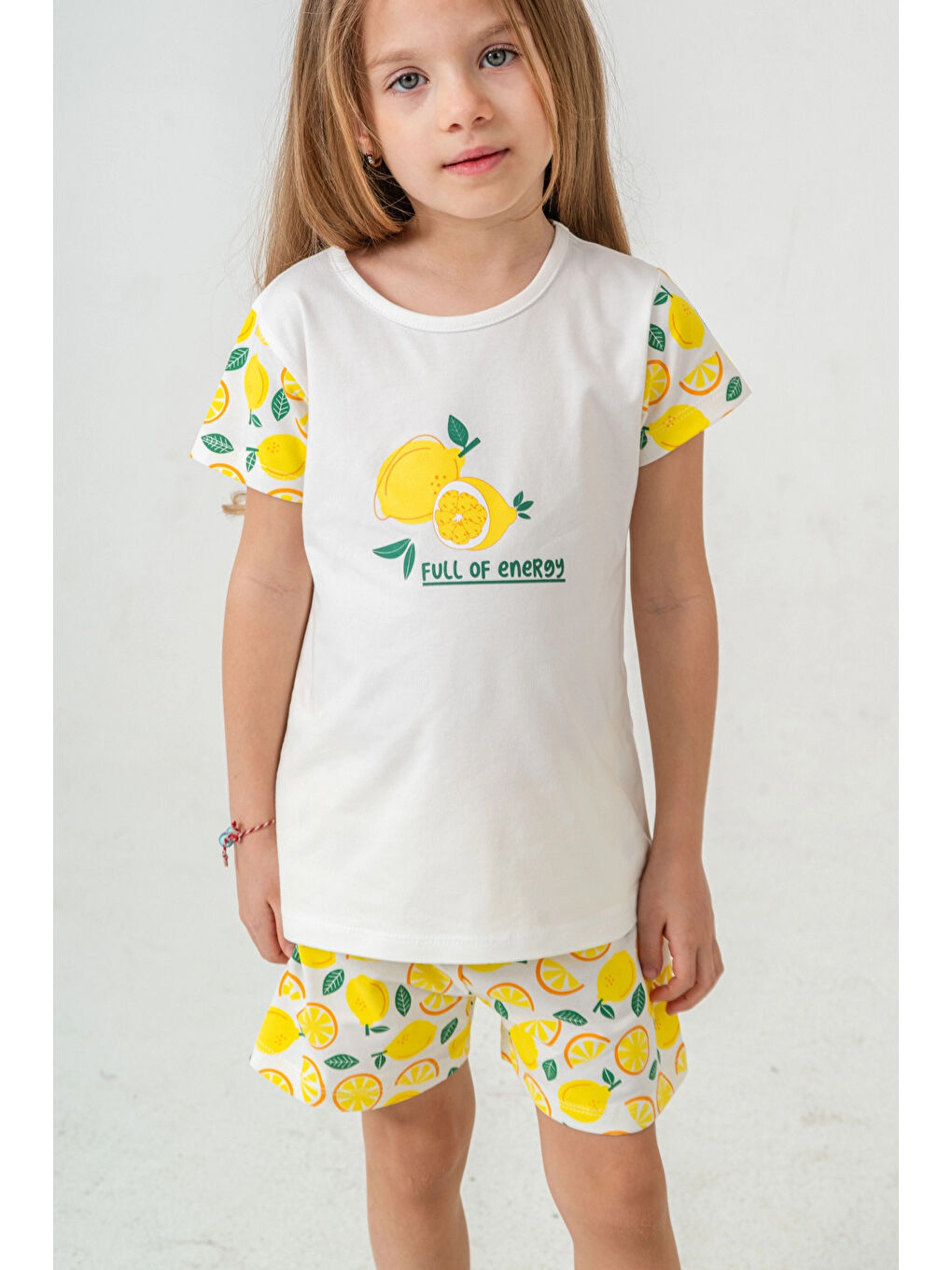 Ekru Limon Baskılı Kız Çocuk Şortlu Takım 50359-2
