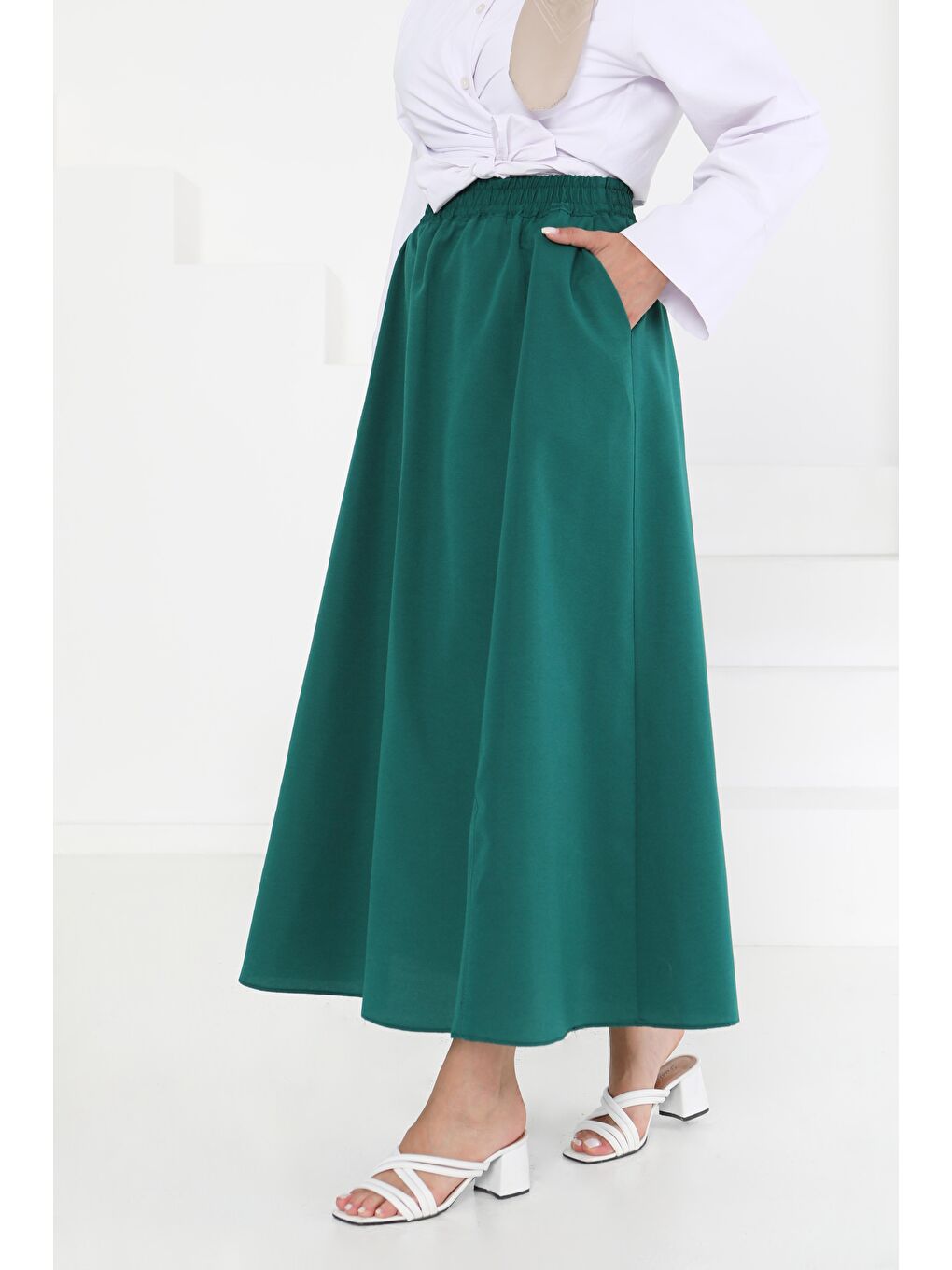 Yeşil Cepli Keten Etek Zümrüt - 27294-5