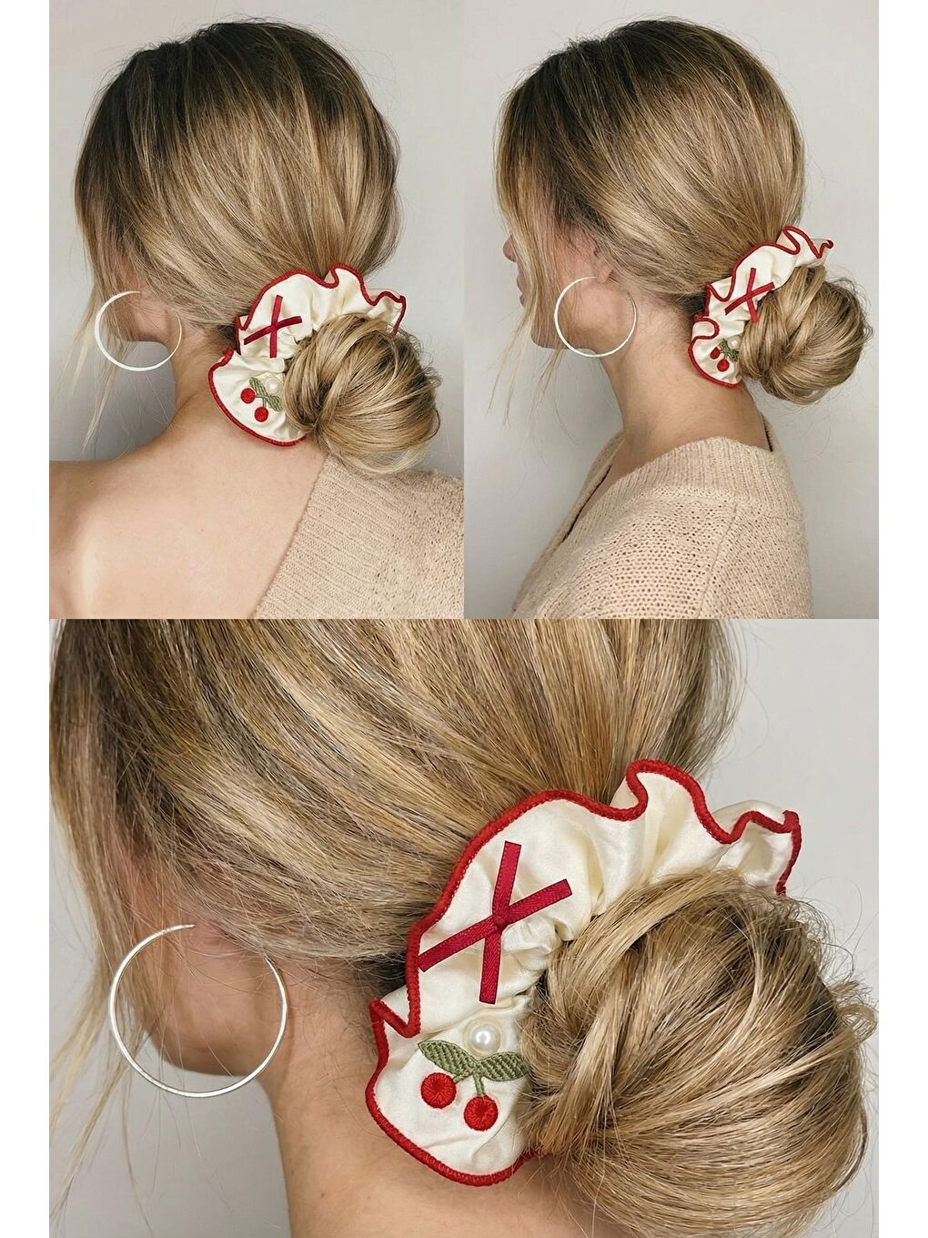 Kirazlı İnci Detaylı Saten Ekru Lastik Toka-1