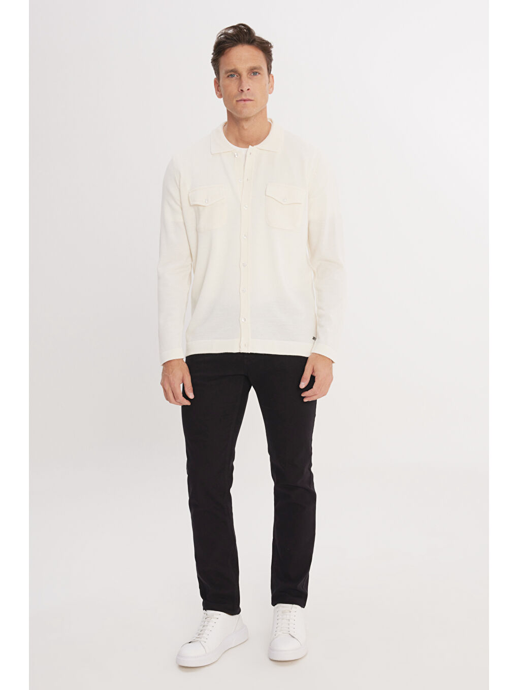 Erkek Ekru Sıcak Tutan Yünlü Normal Kesim Gömlek Yaka Cepli Triko Hırka-1