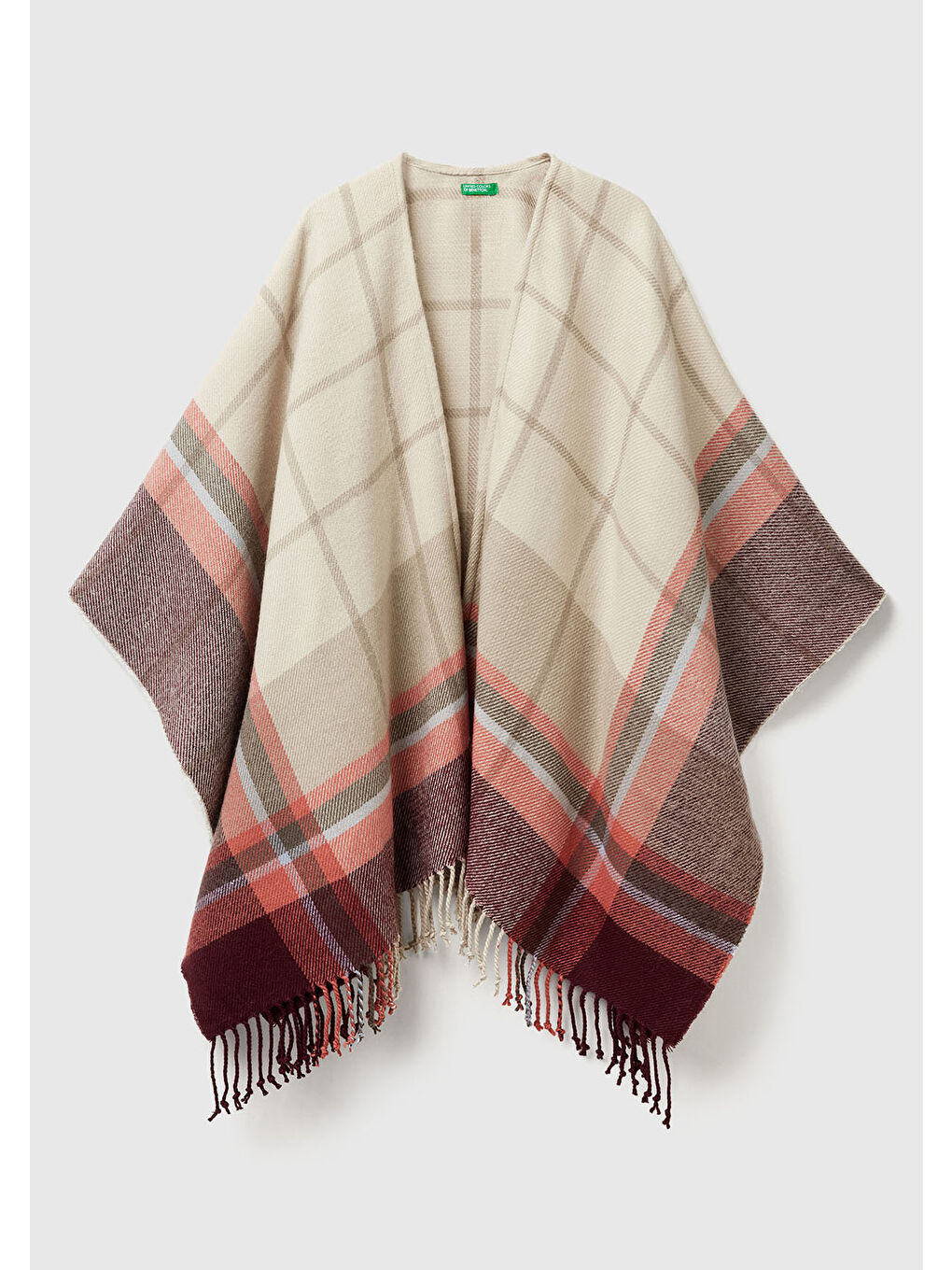 Kadın Kahverengi Desenli Ekose Desenli Jakarlı Püskül Detaylı Panço