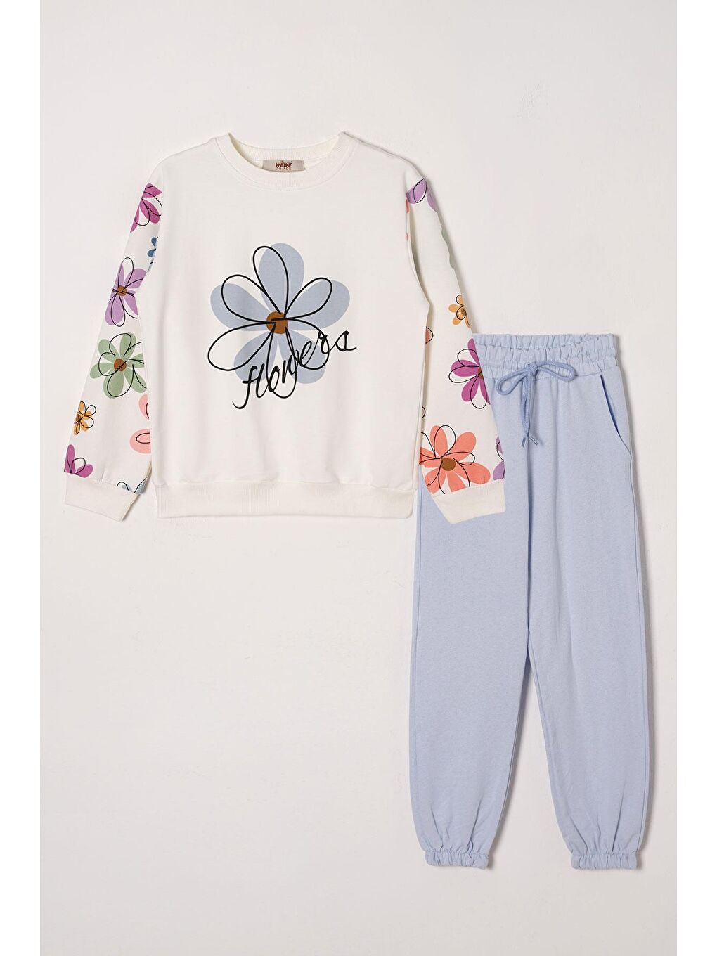 Mavi Çiçek Baskılı Kız Çocuk Eşofman Takım