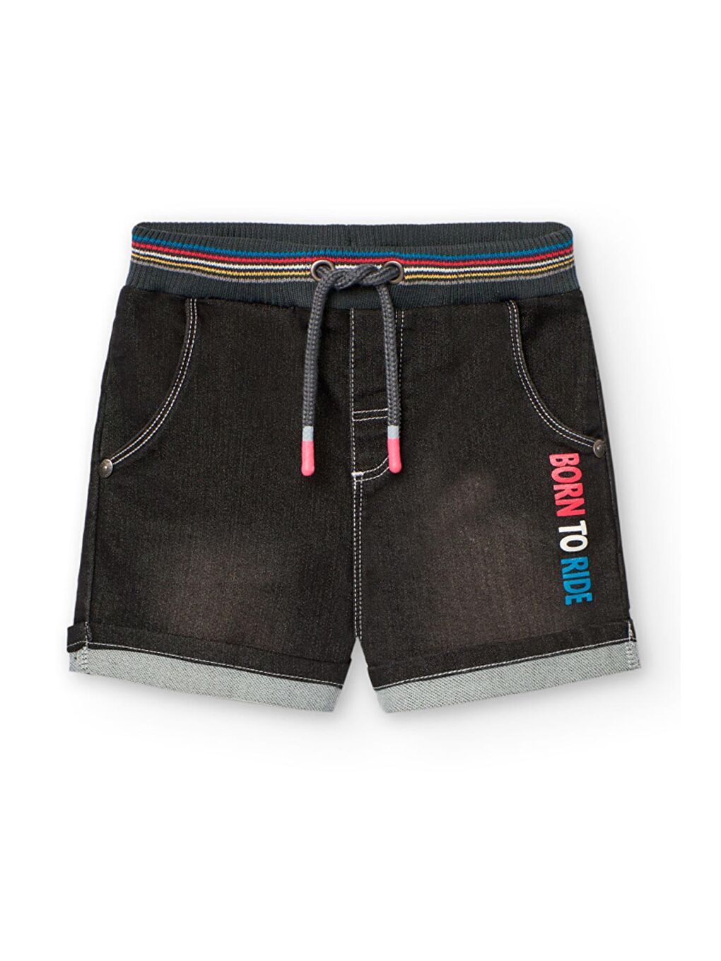 Siyah Born To Ride Baskılı Erkek Çocuk Denim Şort-1