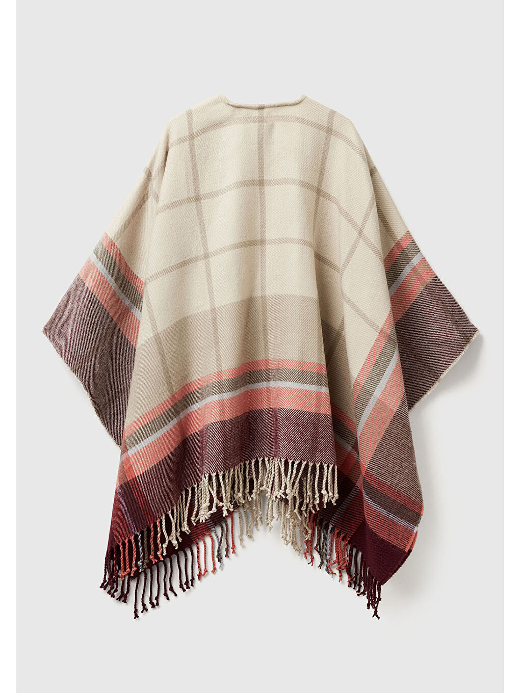 Kadın Kahverengi Desenli Ekose Desenli Jakarlı Püskül Detaylı Panço-1