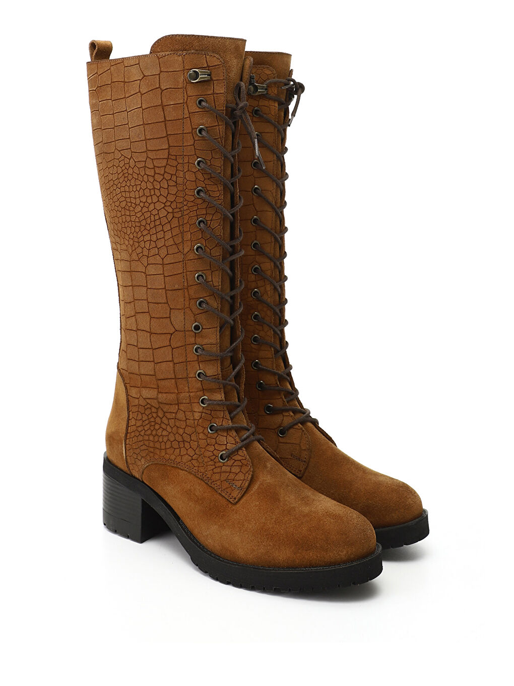 Kahverengi Kadın KAHVERENGİ-TABA Fermuarlı Kalın Topuklu Hakiki Deri Postal Çizme-1