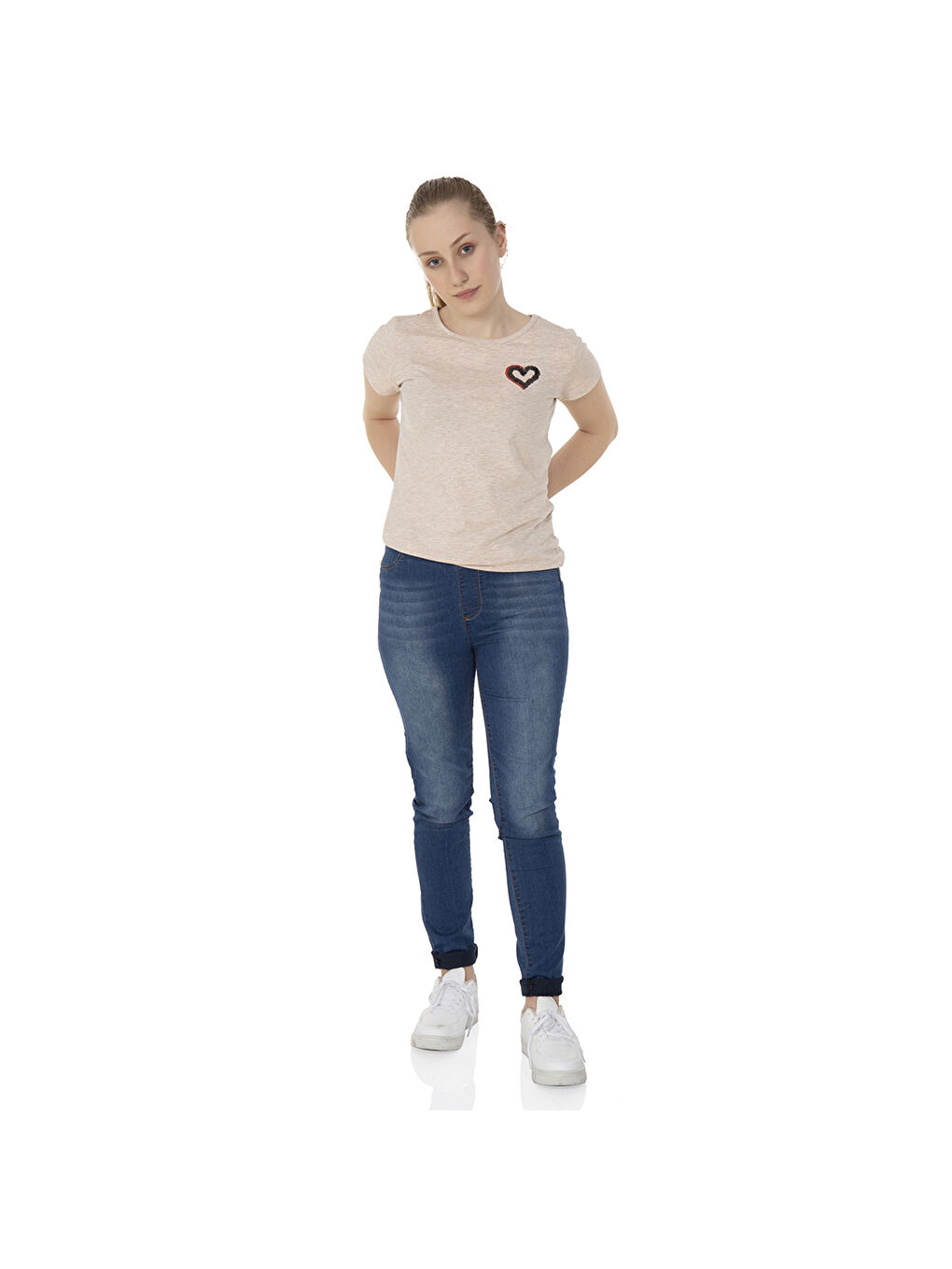 Toontoykids Kahve Melanj Kız Çocuk T-Shirt Kalp Nakışlı