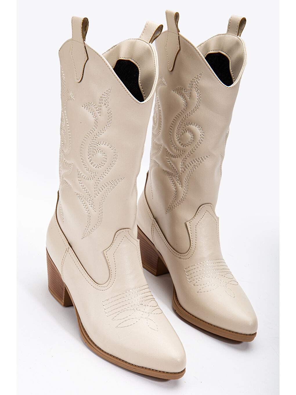 Kadın Bej Cilt Termo Taban Nakışlı Sivri Burunlu Western Uzun Kovboy Bot-1