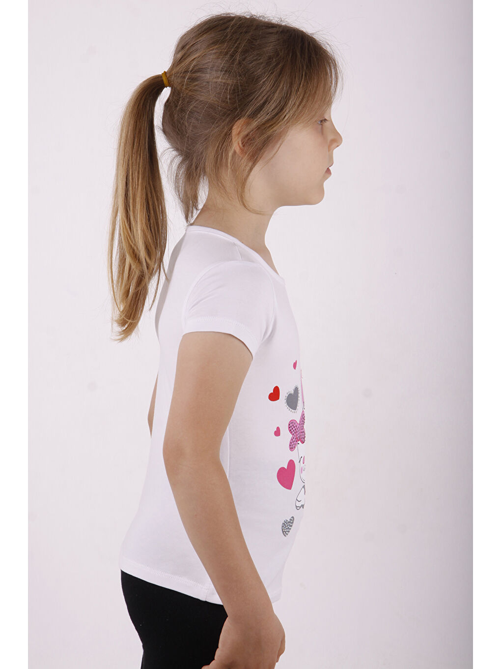 Beyaz Kız Çocuk Kalpli Tavşan Baskılı Tişört-1