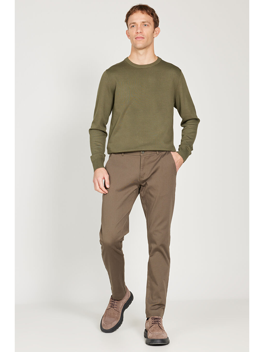 Erkek Haki Slim Fit Dar Kesim Pamuklu Esnek Chino Pantolon