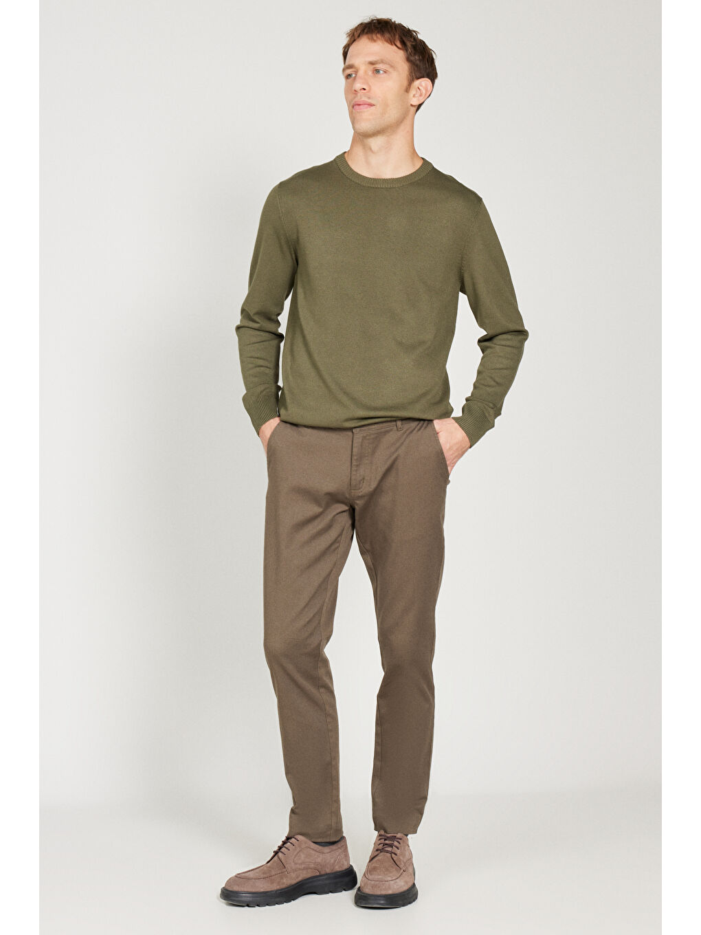 Erkek Haki Slim Fit Dar Kesim Pamuklu Esnek Chino Pantolon-2