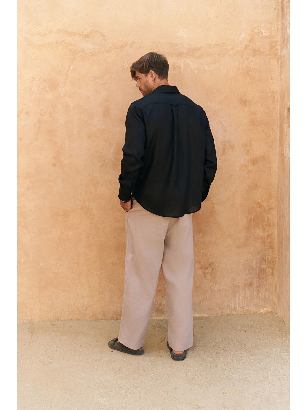 Bej Fyfaha Bol Paça Erkek Vizon Keten Pantolon-1