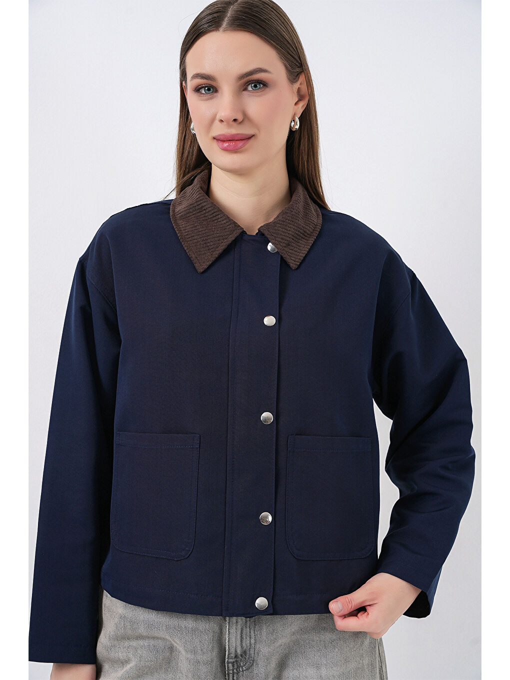 Kadın Cep Detaylı Kısa Ceket 5975 - Lacivert