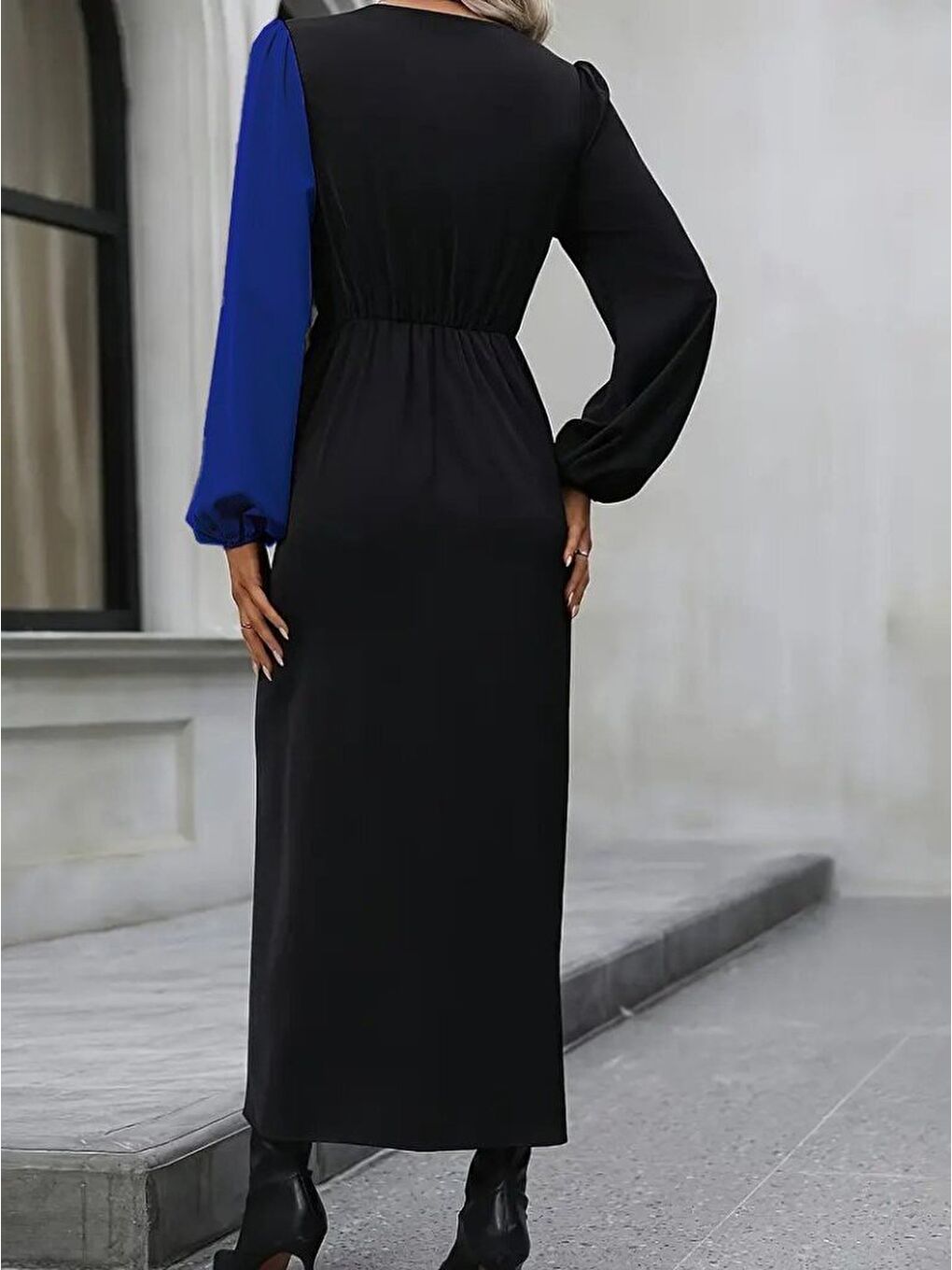 Mavi Kadın Uzun Kollu Kruvaze Yakalı Belden çapraz Detaylı çift Renkli Midi Ithal Krep Elbise-3