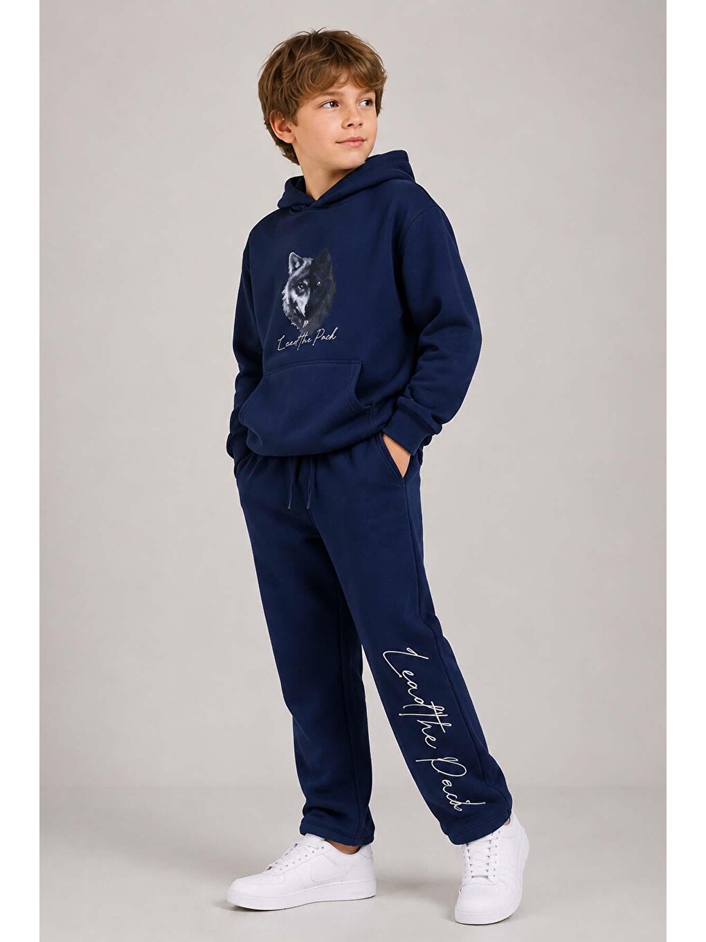 Erkek Çocuk Önü Ve Arkası Çizim Baskılı Kapüşonlu Sweatshirt Lacivert Eşofman Takım-1