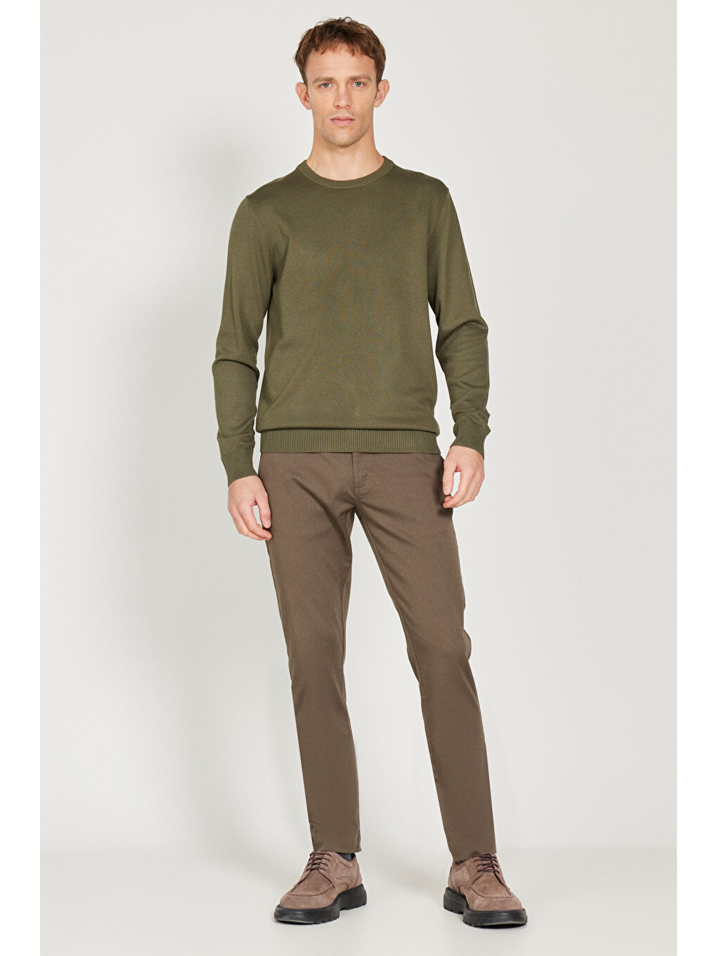 Erkek Haki Slim Fit Dar Kesim Pamuklu Esnek Chino Pantolon-3